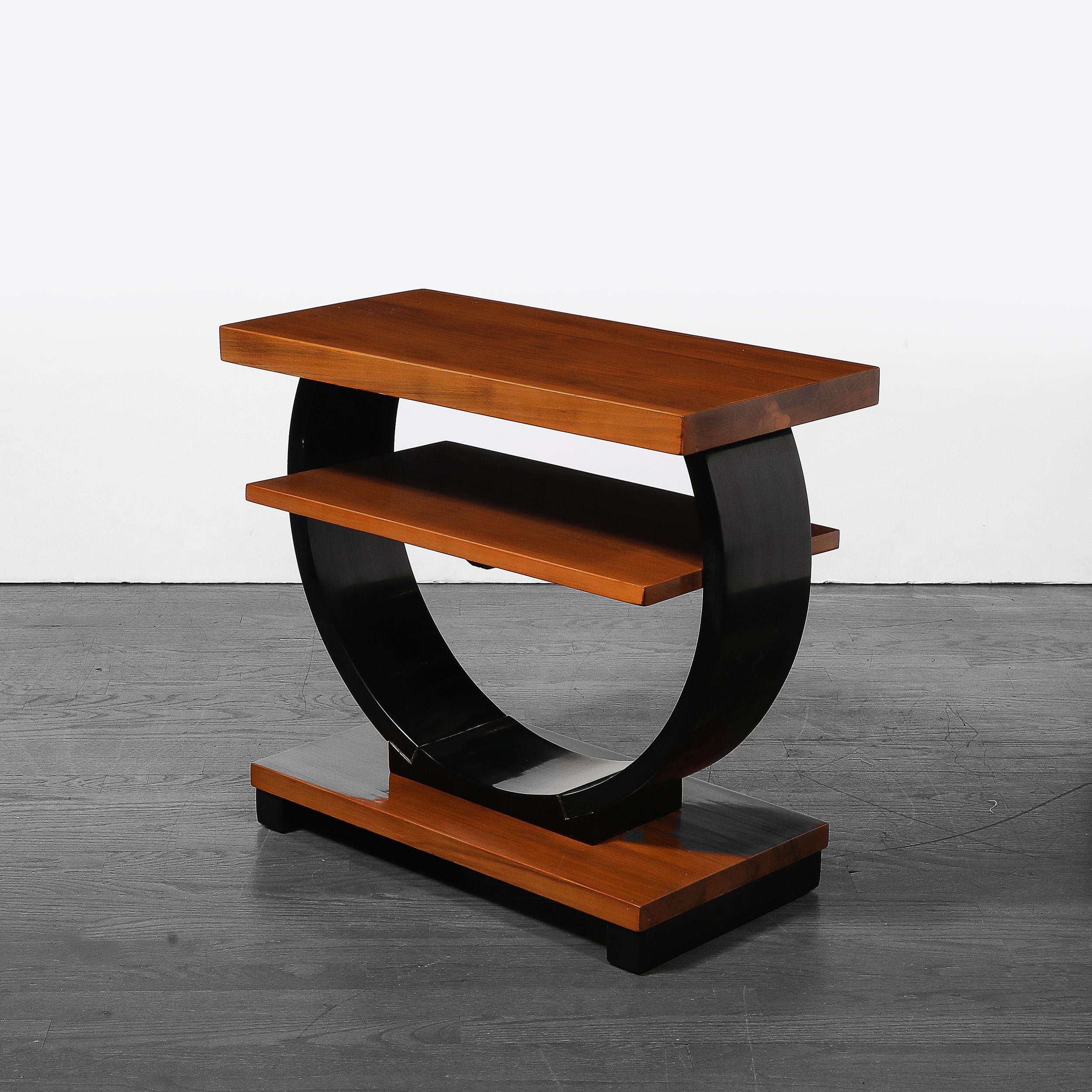 Pair of Art Deco Machine Age Two-Tier Side Tables in Walnut & Black Lacquer For Sale 3