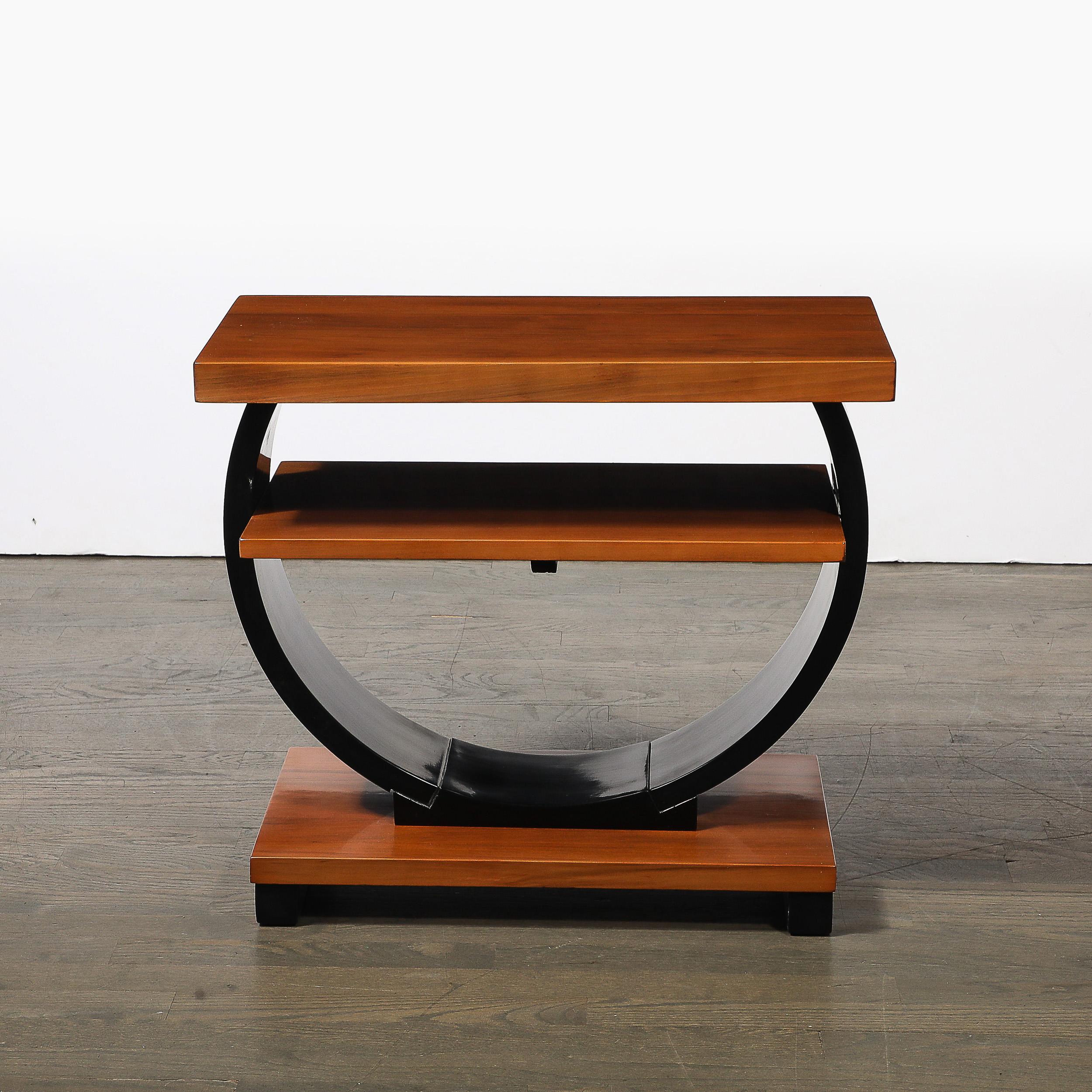 Pair of Art Deco Machine Age Two-Tier Side Tables in Walnut & Black Lacquer For Sale 4