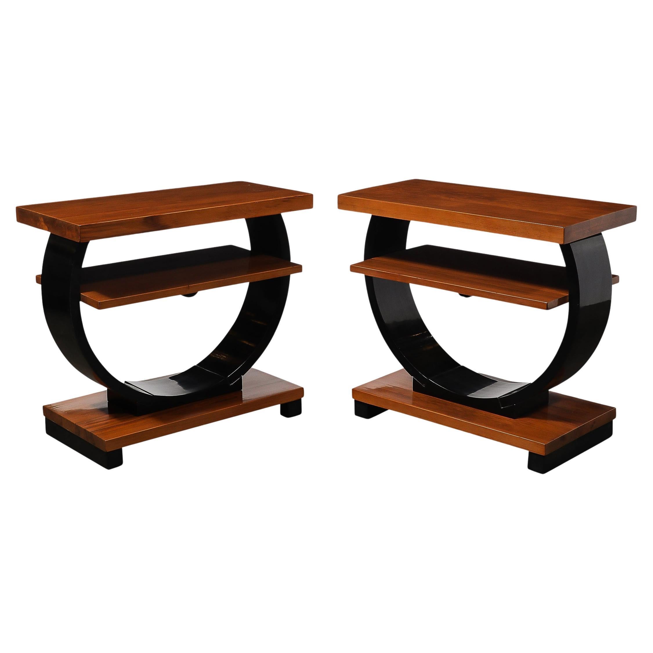 Pair of Art Deco Machine Age Two-Tier Side Tables in Walnut & Black Lacquer For Sale