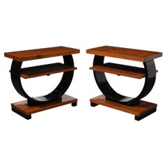 Pair of Art Deco Machine Age Two-Tier Side Tables in Walnut & Black Lacquer