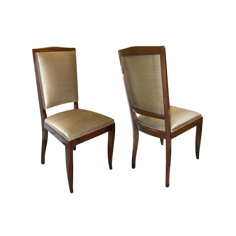Pair of Art Deco Mahogany and Bronze Colored Scalamandre Silk Side Chairs