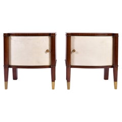 Pair of Art Deco Mahogany, Brass and Velum Bedside Tables by de Coenes Frères