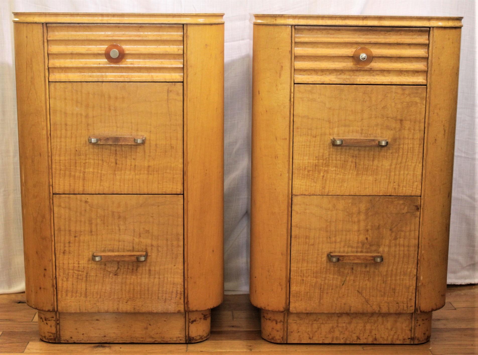 Pair of Art Deco Maple 3 Drawer Nightstands or Cabinets with Machine Age Styling For Sale 4