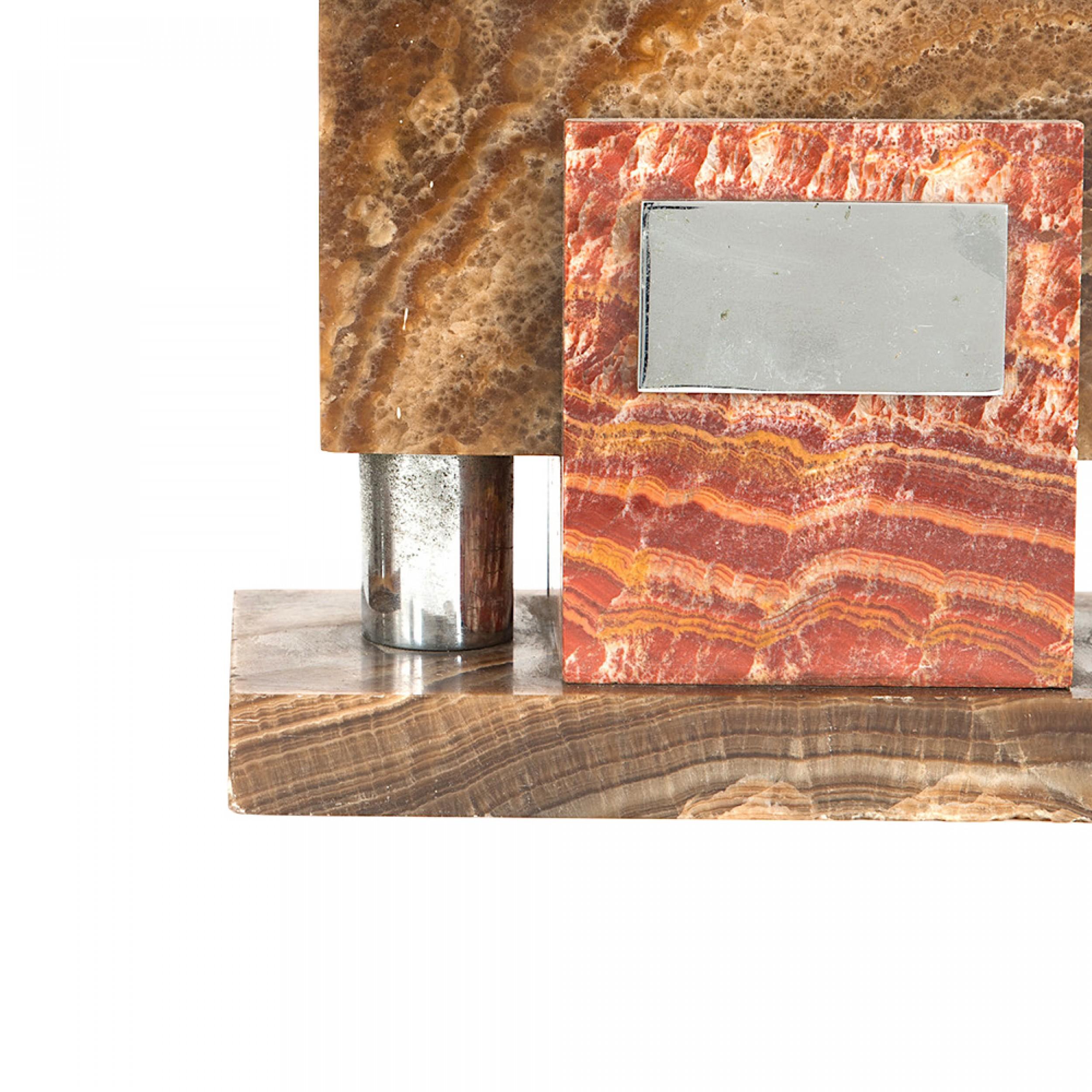 PAIR of Art Deco solid red and brown marble rectangular bookends with a decorative silver metal plate on the front and a recessed compartment in the top. (PRICED AS PAIR)