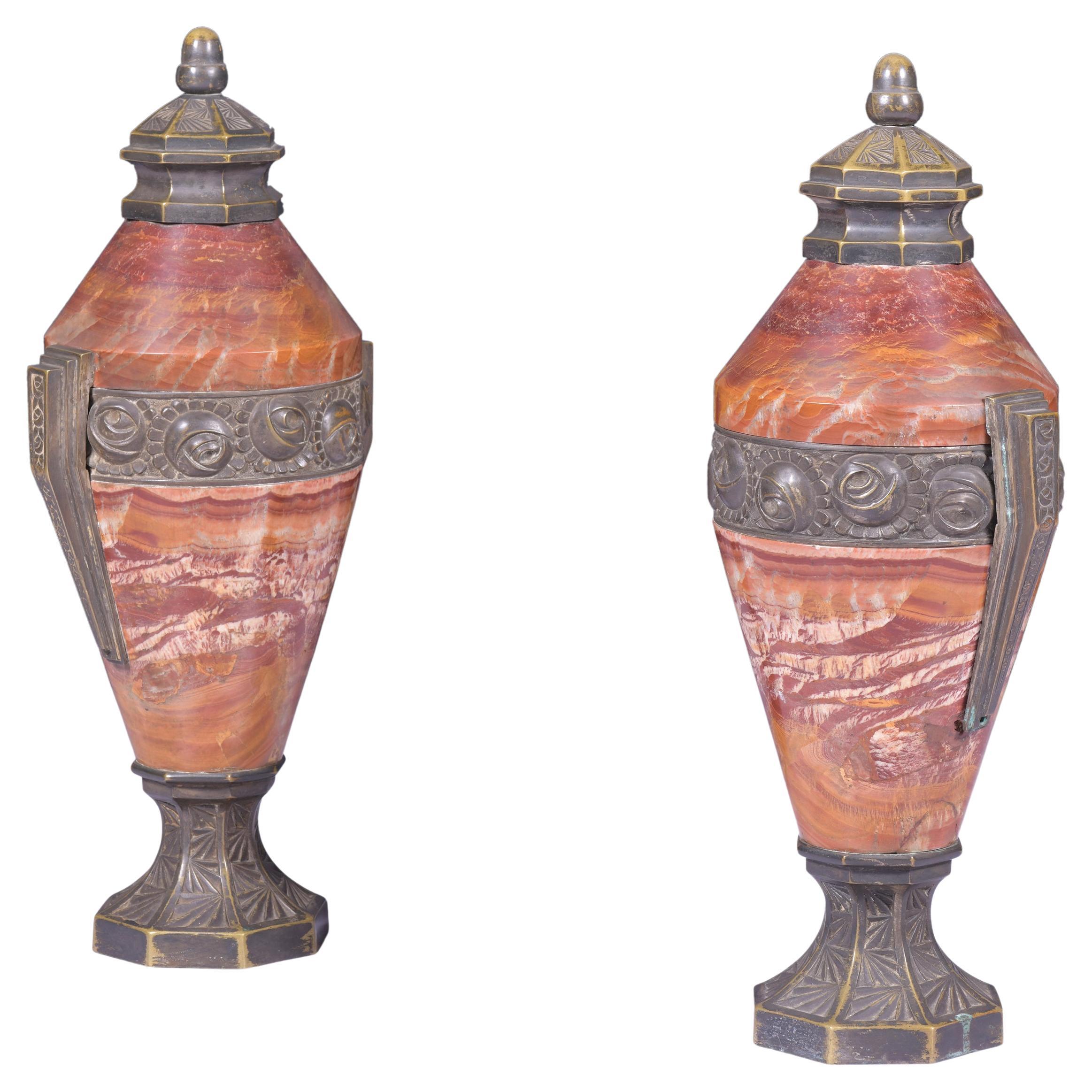 Pair Of Art Deco Marble & Bronze Urns For Sale