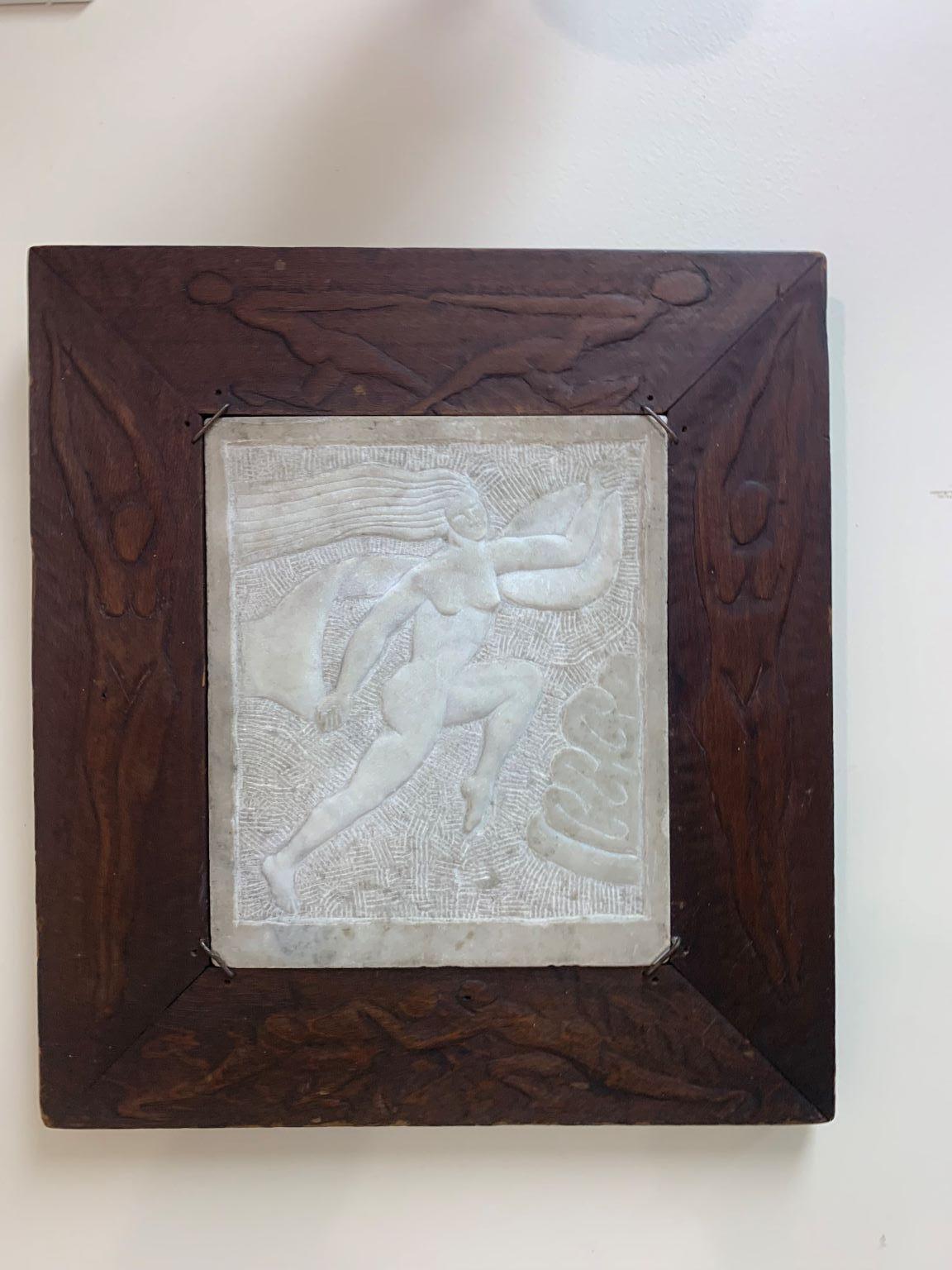 Extraordinary Art Deco carved marble wall plaques signed Knute 1936. Asking price is for both pieces. The subject of the framed plaque is of a female nude. The frame is also delicately hand carved with female nudes as well. The unframed art is of a