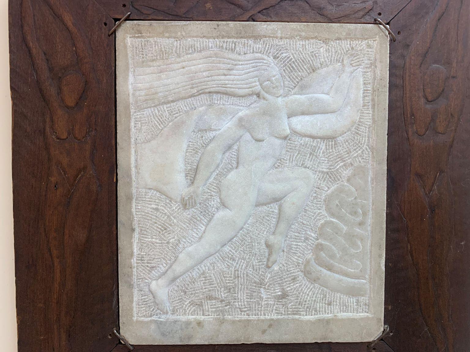 American Pair of Art Deco Marble Framed Nude Wall Plaques Circa 1936 Signed Knute