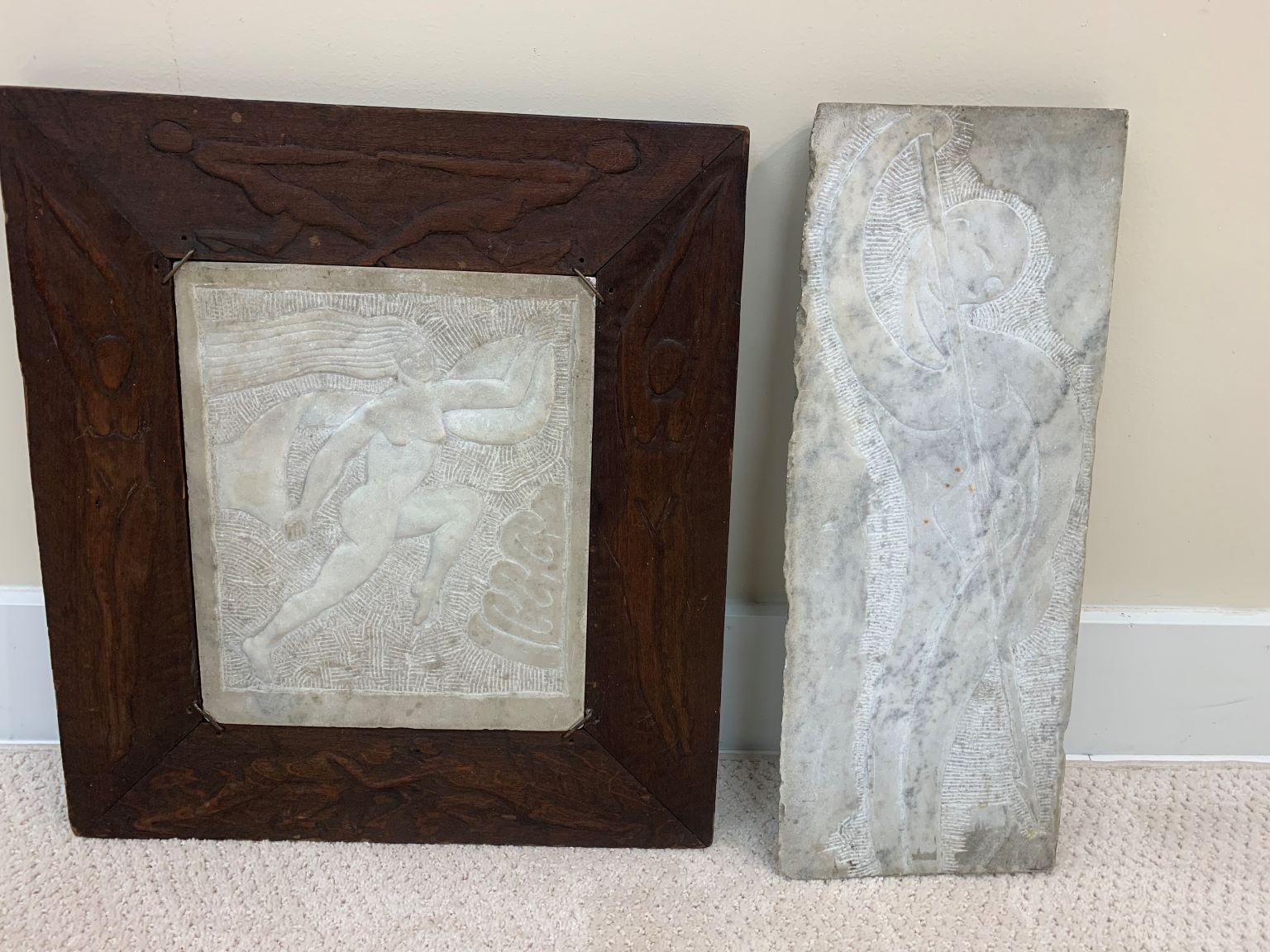 Mid-20th Century Pair of Art Deco Marble Framed Nude Wall Plaques Circa 1936 Signed Knute