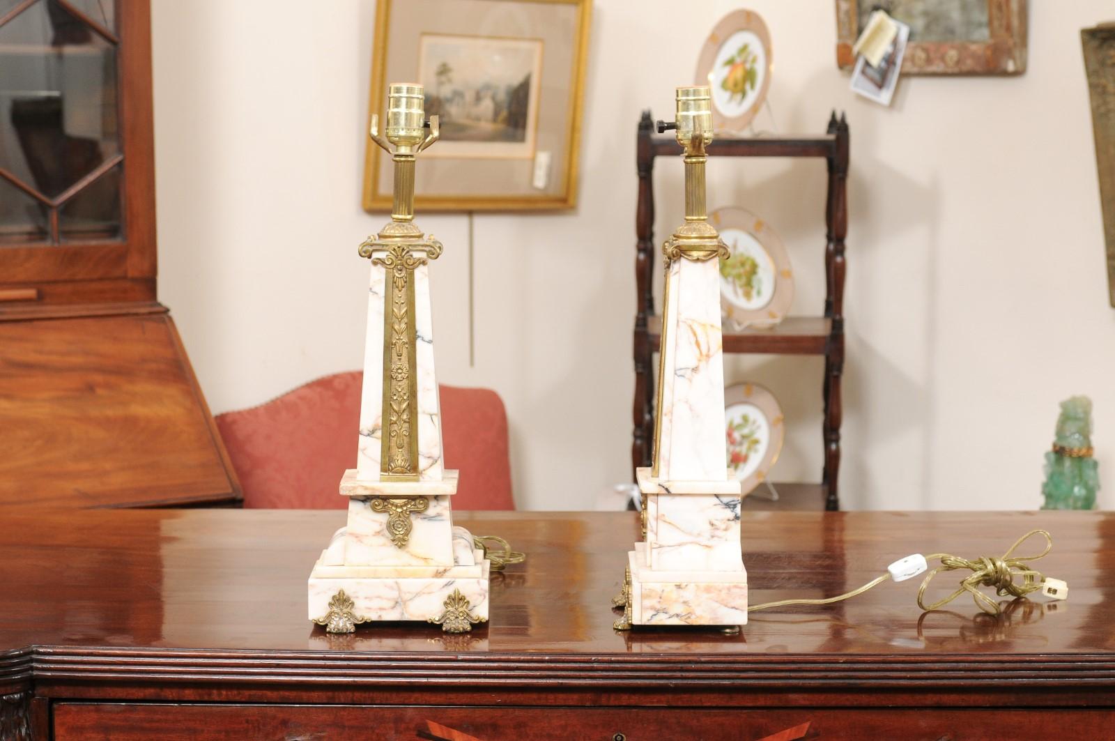  Pair of Art Deco Marble Lamps with Gilt Bronze Mounts, ca. 1920 For Sale 6