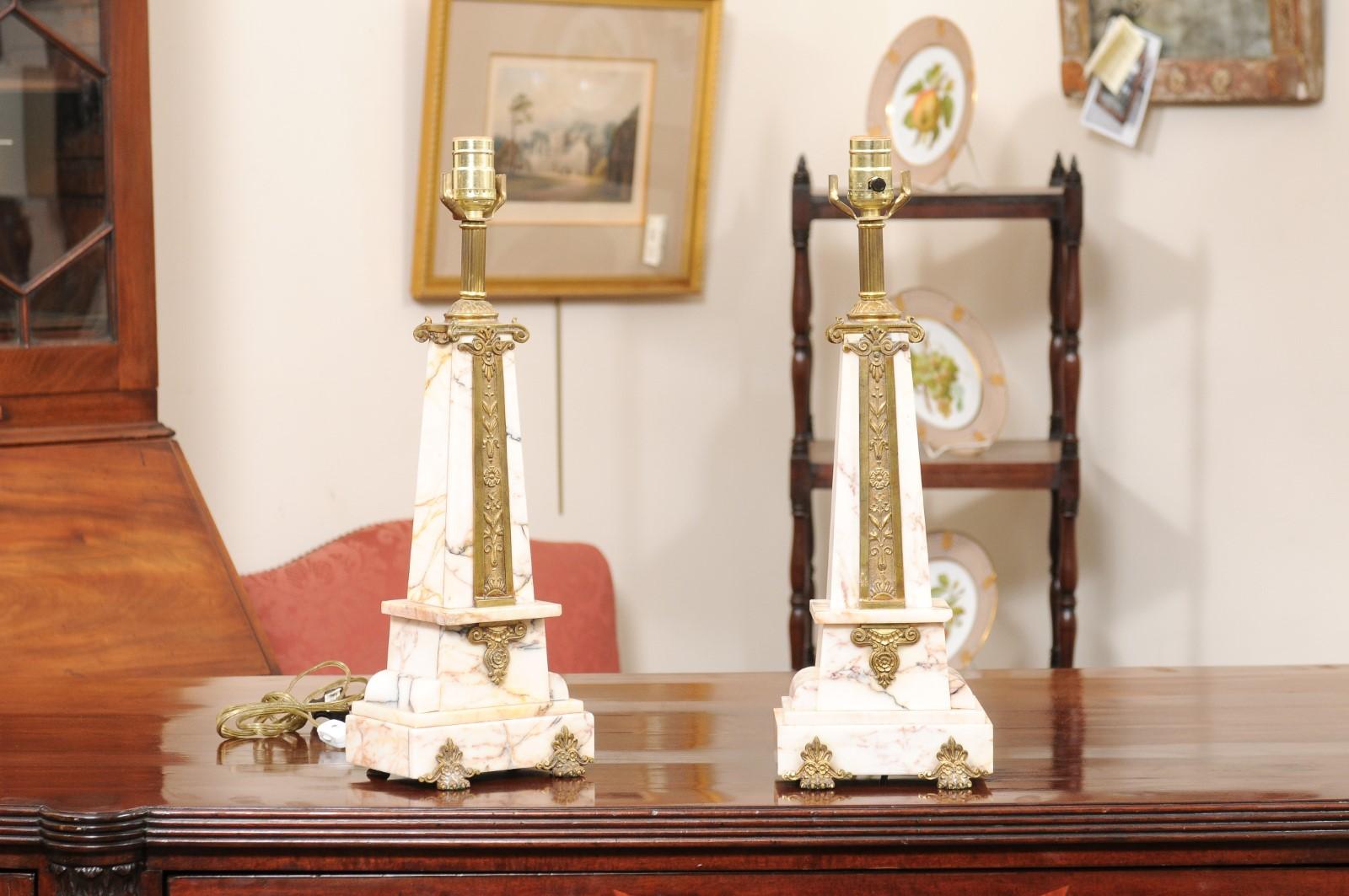  Pair of Art Deco Marble Lamps with Gilt Bronze Mounts, ca. 1920 In Good Condition For Sale In Atlanta, GA