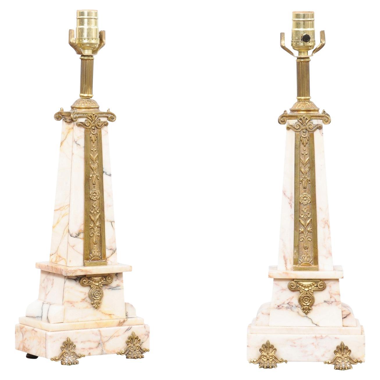  Pair of Art Deco Marble Lamps with Gilt Bronze Mounts, ca. 1920 For Sale