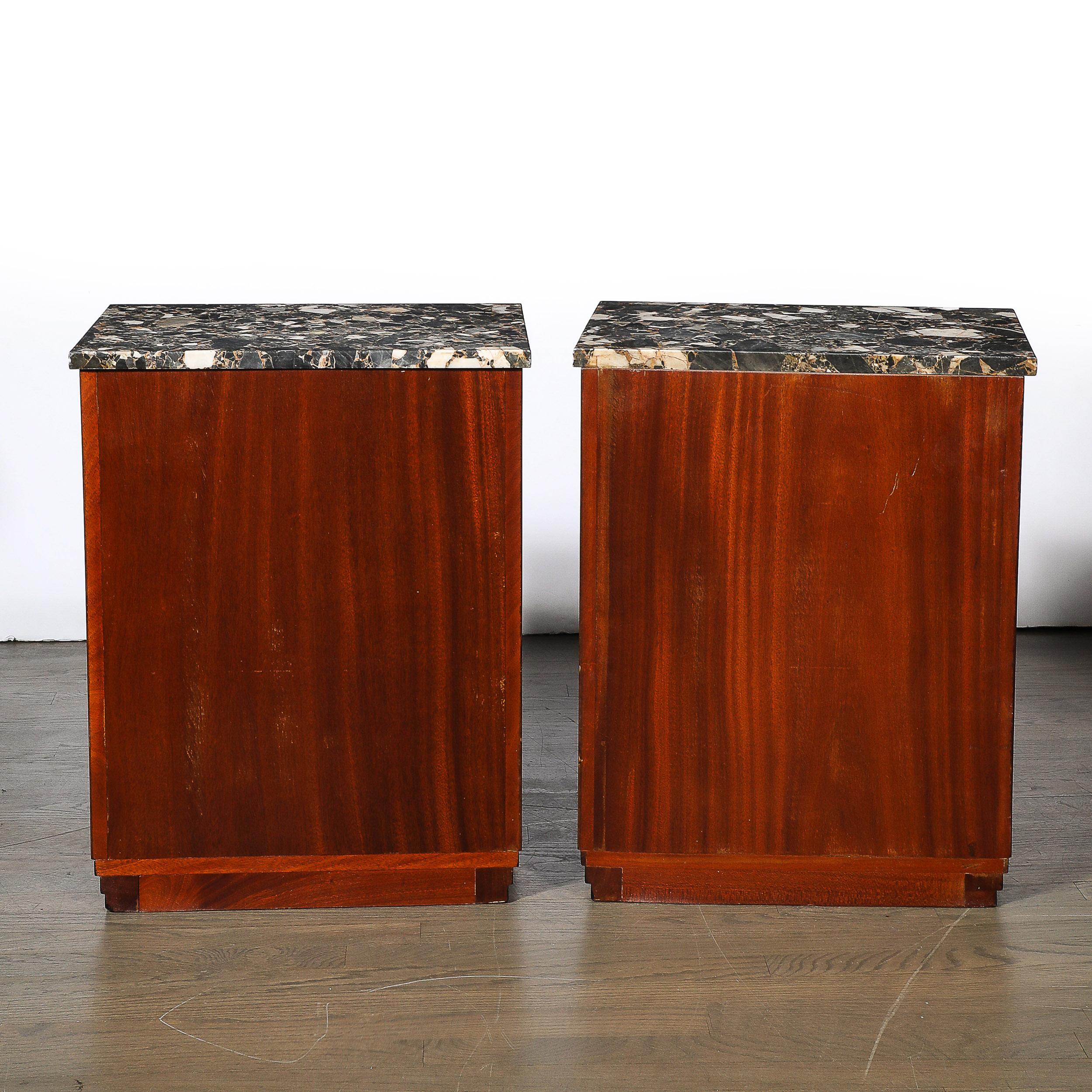 Pair of Art Deco Marble Top Book-matched Walnut & Burled Carpathian Nightstands For Sale 5