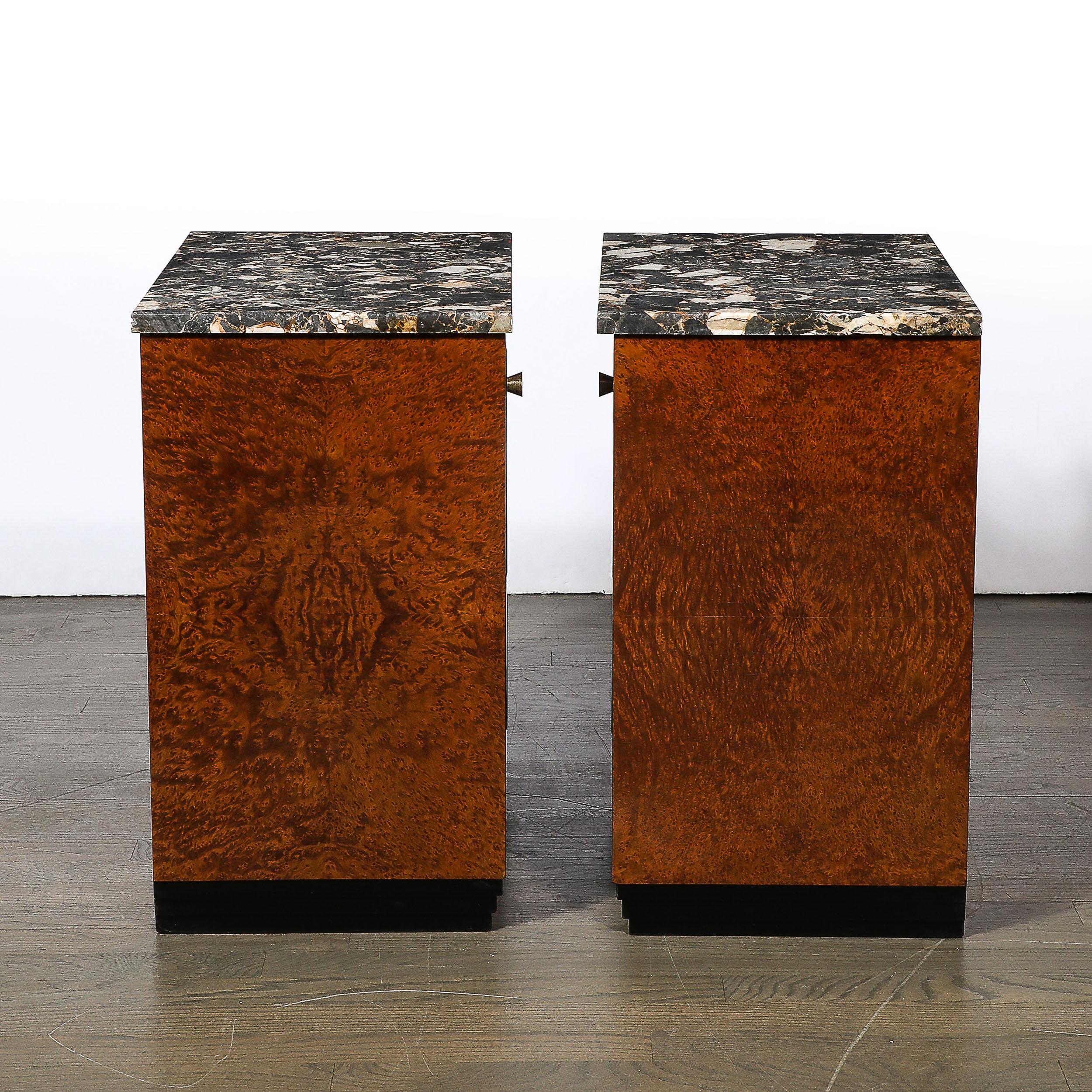 Pair of Art Deco Marble Top Book-matched Walnut & Burled Carpathian Nightstands For Sale 6