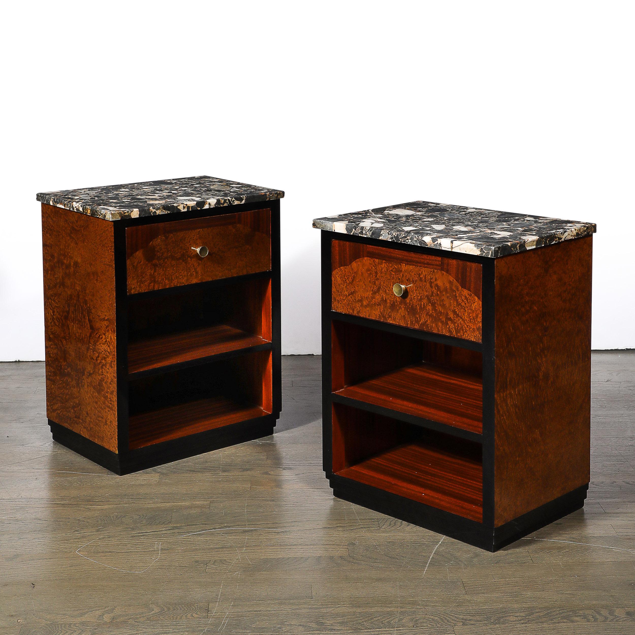 Pair of Art Deco Marble Top Book-matched Walnut & Burled Carpathian Nightstands For Sale 7