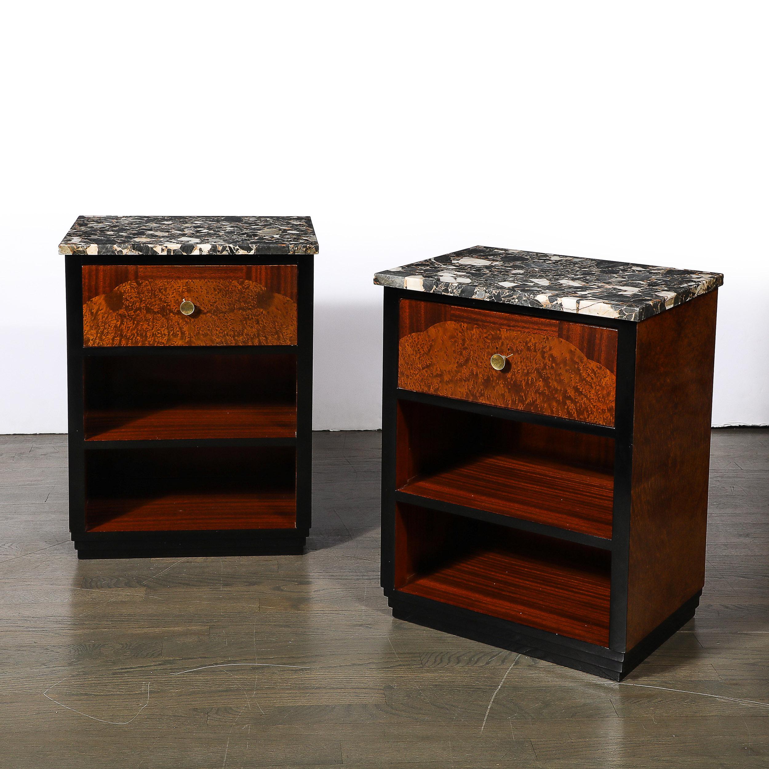 Mid-20th Century Pair of Art Deco Marble Top Book-matched Walnut & Burled Carpathian Nightstands For Sale