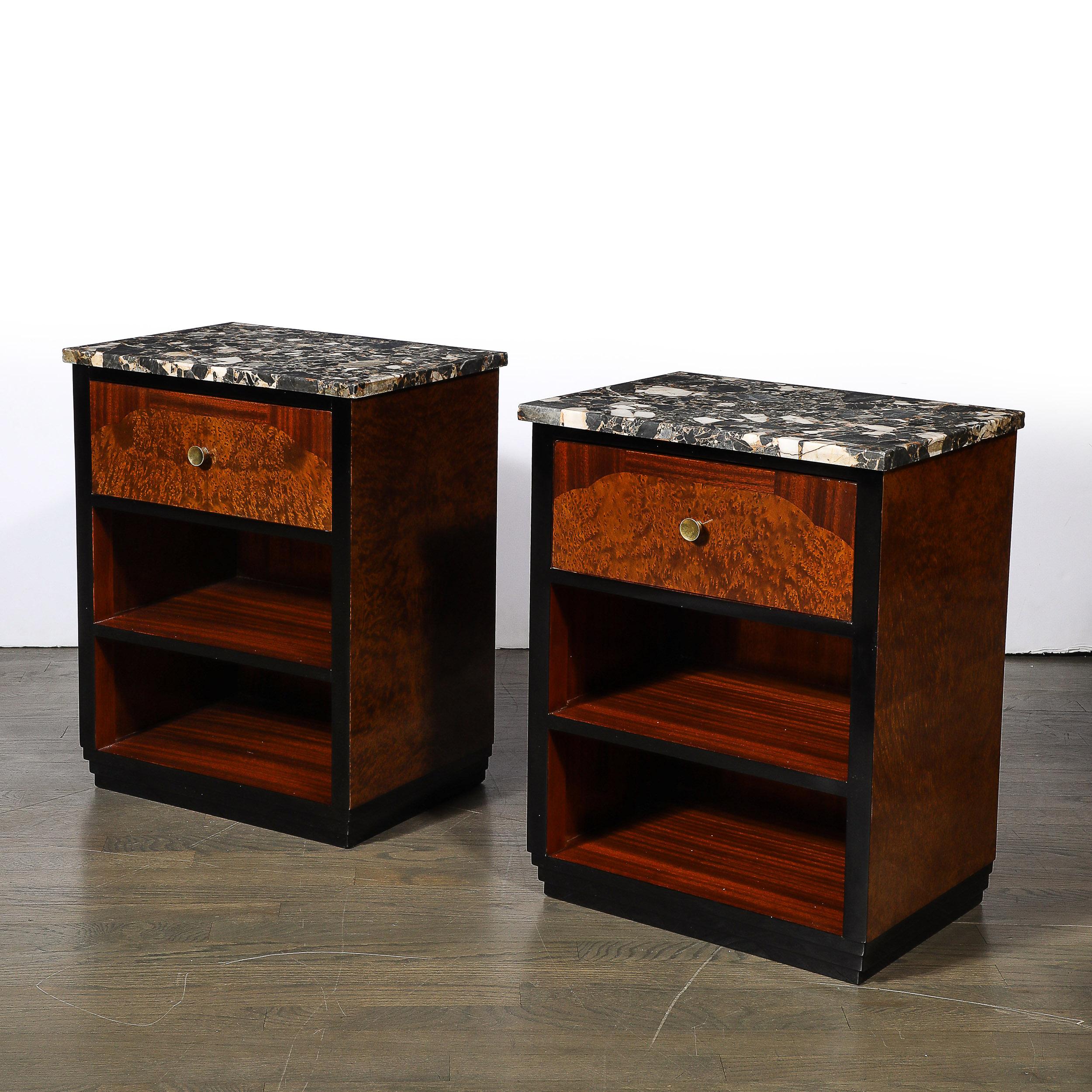 Pair of Art Deco Marble Top Book-matched Walnut & Burled Carpathian Nightstands For Sale 1