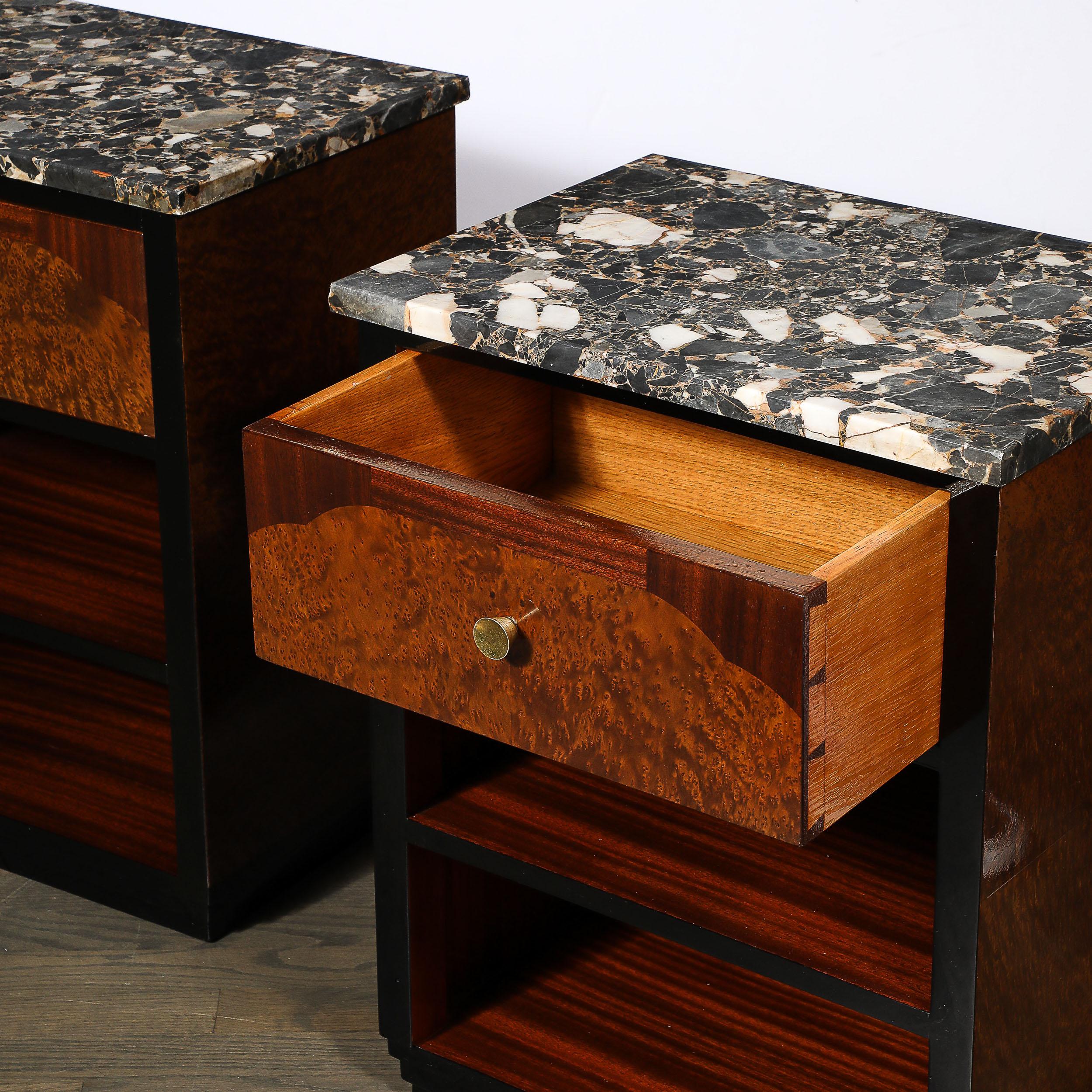 Pair of Art Deco Marble Top Book-matched Walnut & Burled Carpathian Nightstands For Sale 2