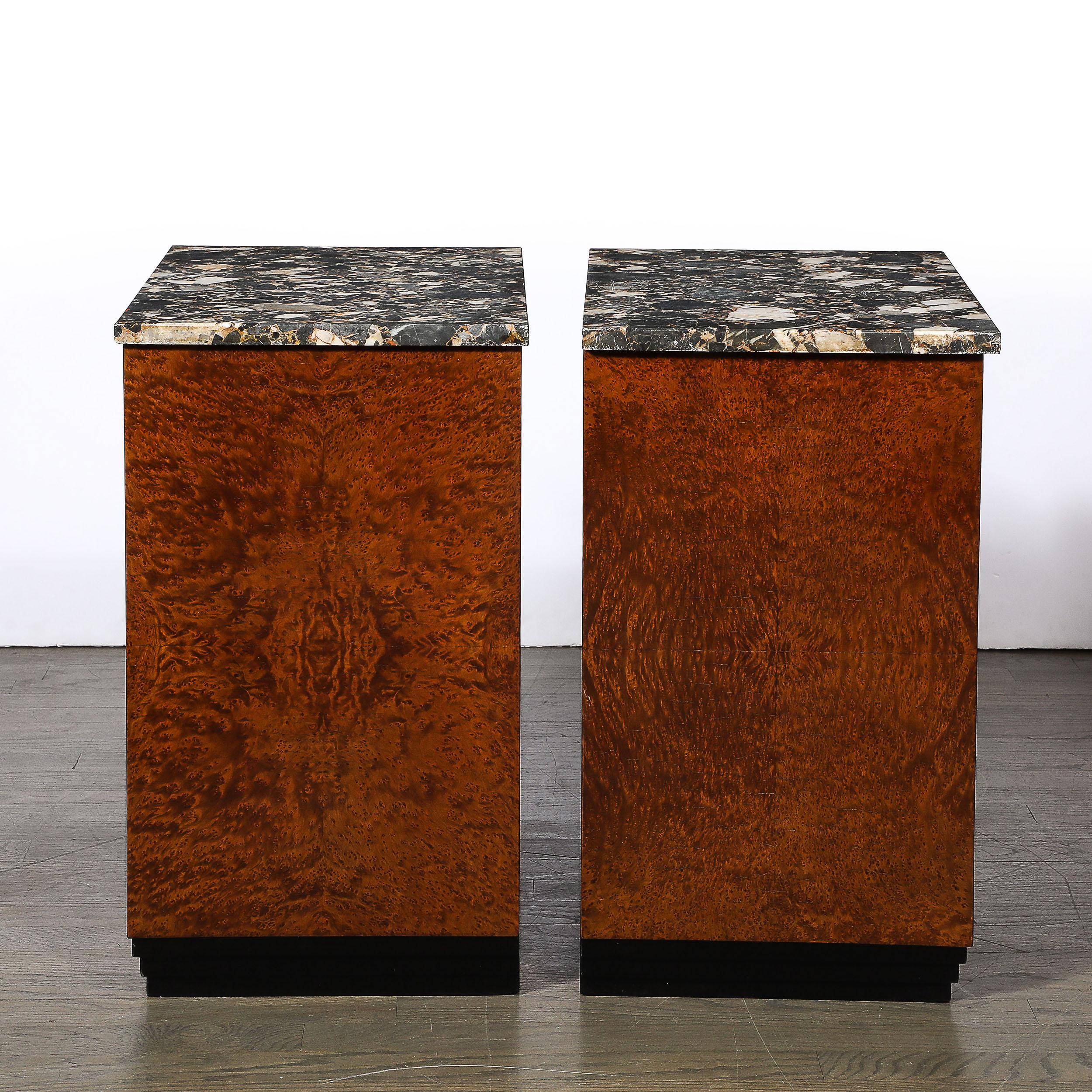 Pair of Art Deco Marble Top Book-matched Walnut & Burled Carpathian Nightstands For Sale 3