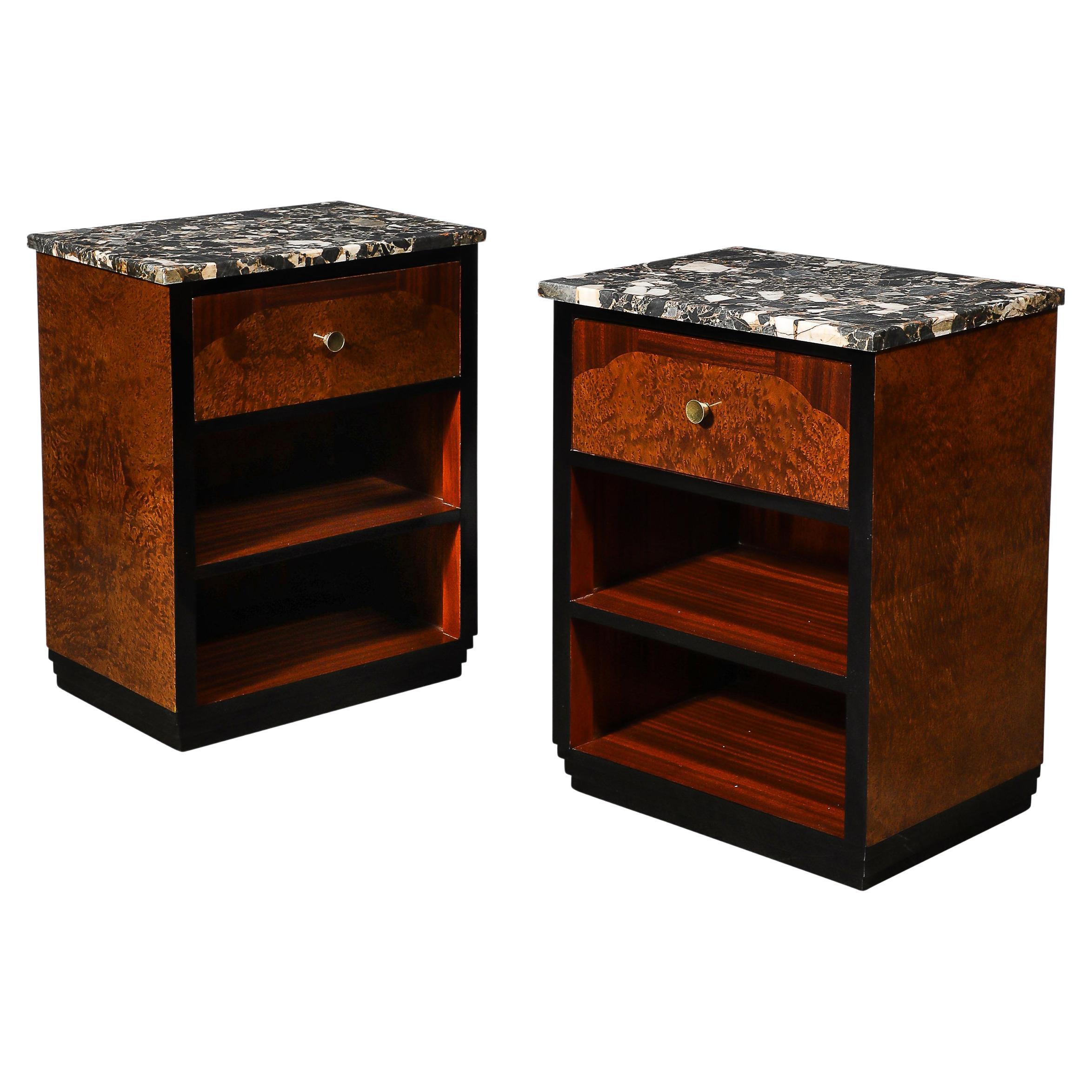 Pair of Art Deco Marble Top Book-matched Walnut & Burled Carpathian Nightstands For Sale