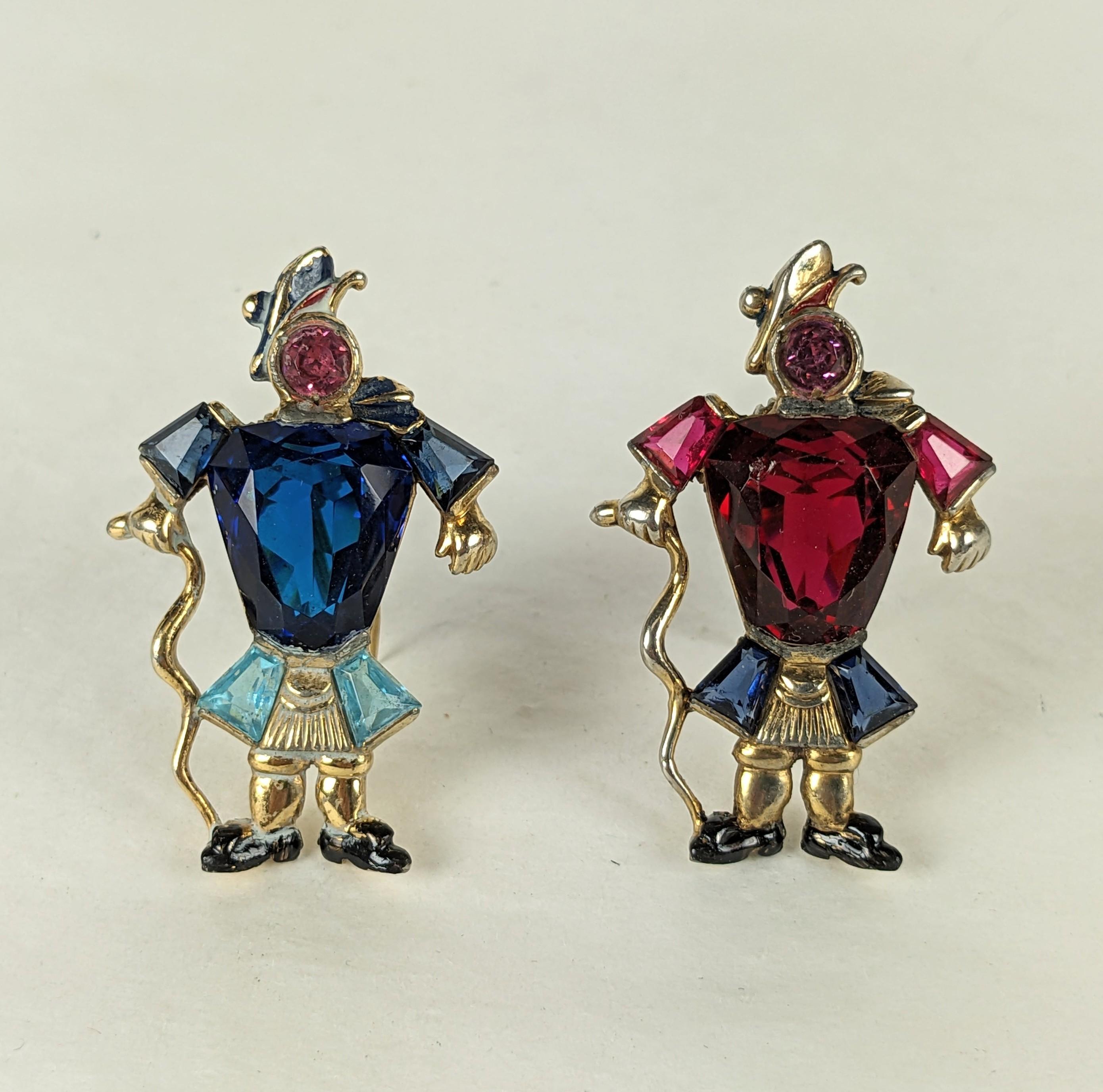 Pair of Charming Mazer Scotsman Motif Clips from the 1930's. Each figure in traditional dress set with unusual cut paste stones and enamel accents. Each 1.75