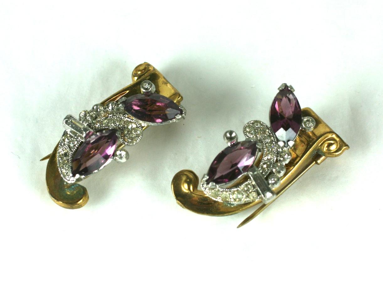 Pair of Retro McClelland Barclay Clips from the 1930's. Gilt metal with crystal pastes and amythest marquise shaped stones. 
1930's USA, Excellent condition. 