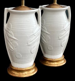 Pair of Art Deco McCoy Pottery Double-Handled 'Sand Dollar' Vases Now as Lamps