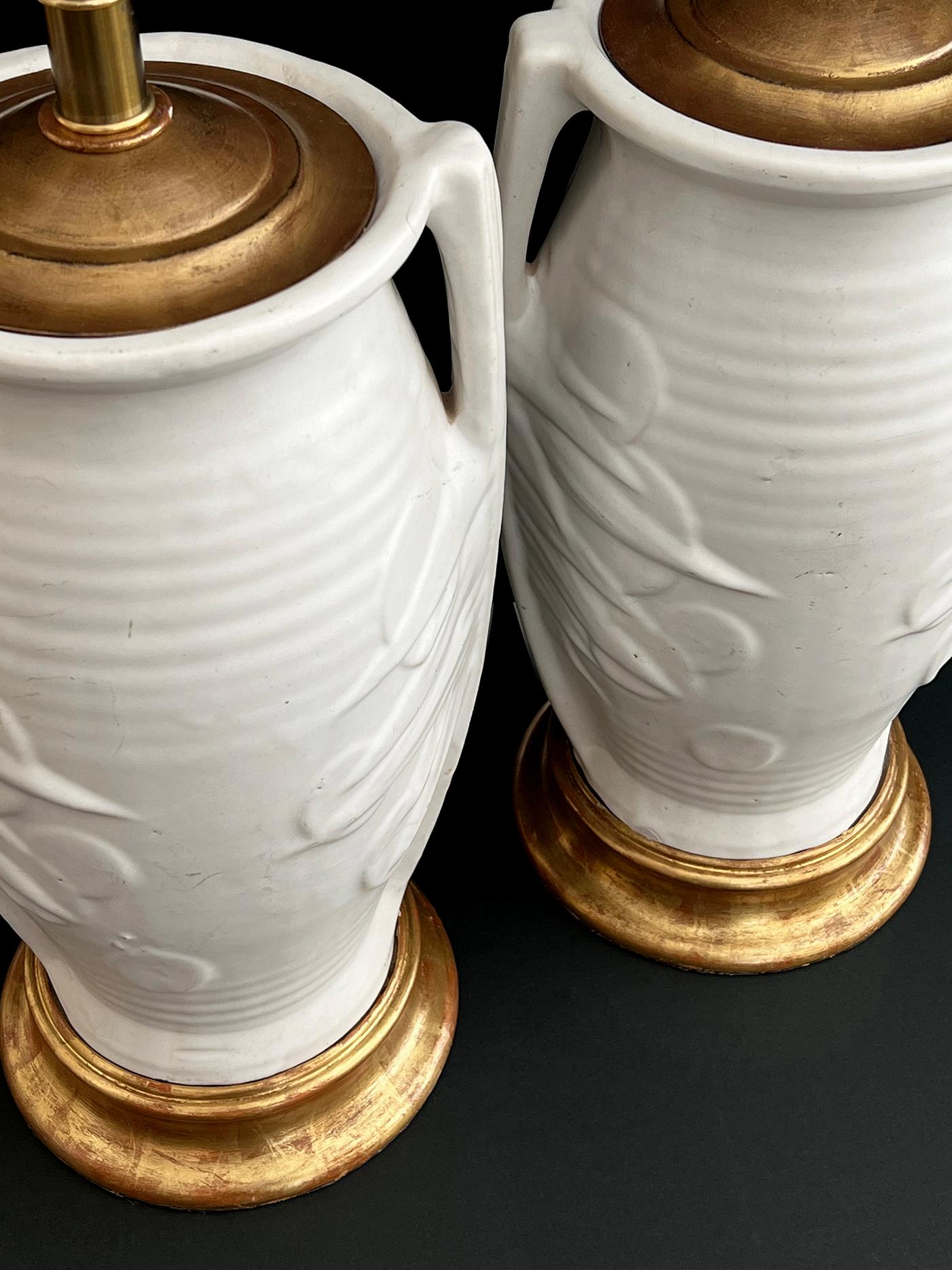 American Pair of Art Deco McCoy Pottery Double-Handled 'Sand Dollar' Vases Now as Lamps