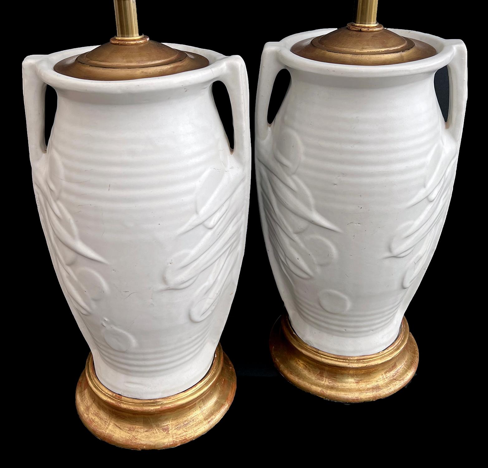 Pair of Art Deco McCoy Pottery Double-Handled 'Sand Dollar' Vases Now as Lamps In Good Condition In San Francisco, CA
