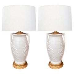 Zwei Art-Déco-Vasen mit doppelter Henkellehne „Sand Dollar“ von McCoy Pottery, jetzt als Lampen