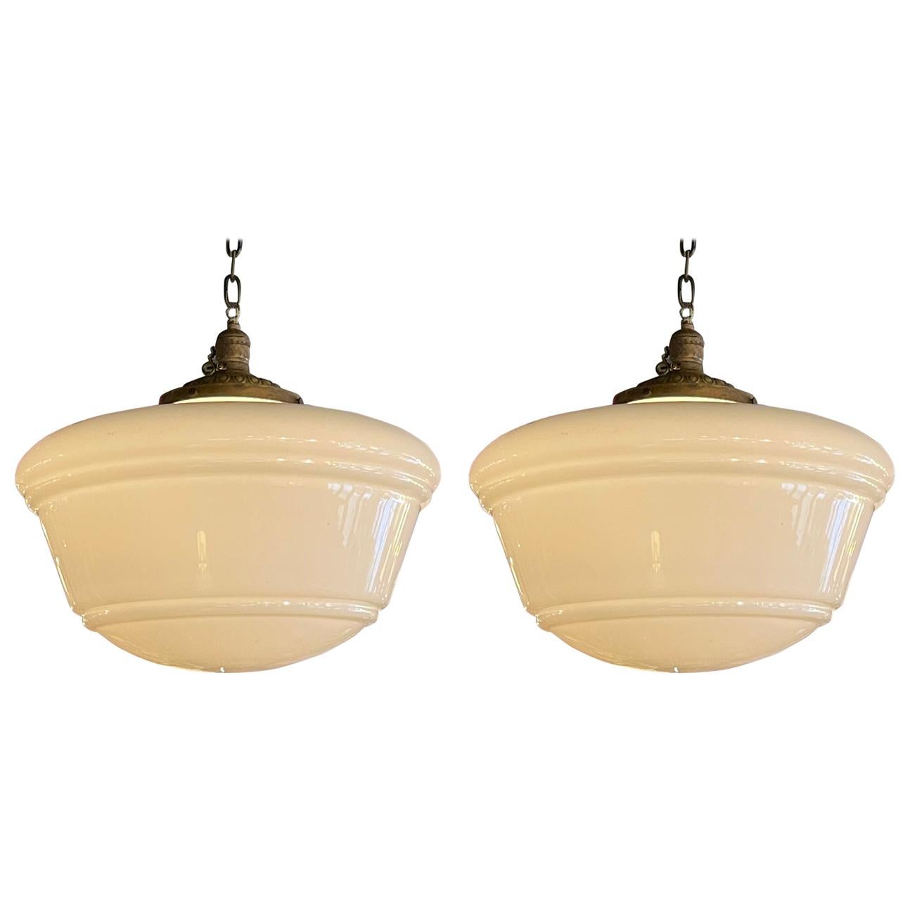 Pair of Art Deco Milk Glass and Brass Library Pendant Lights