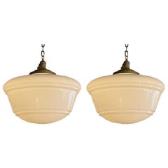 Pair of Art Deco Milk Glass and Brass Library Pendant Lights