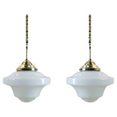 Pair of Art Deco Milk Glass Pendant Lights Beautiful Long Chains Made of Brass