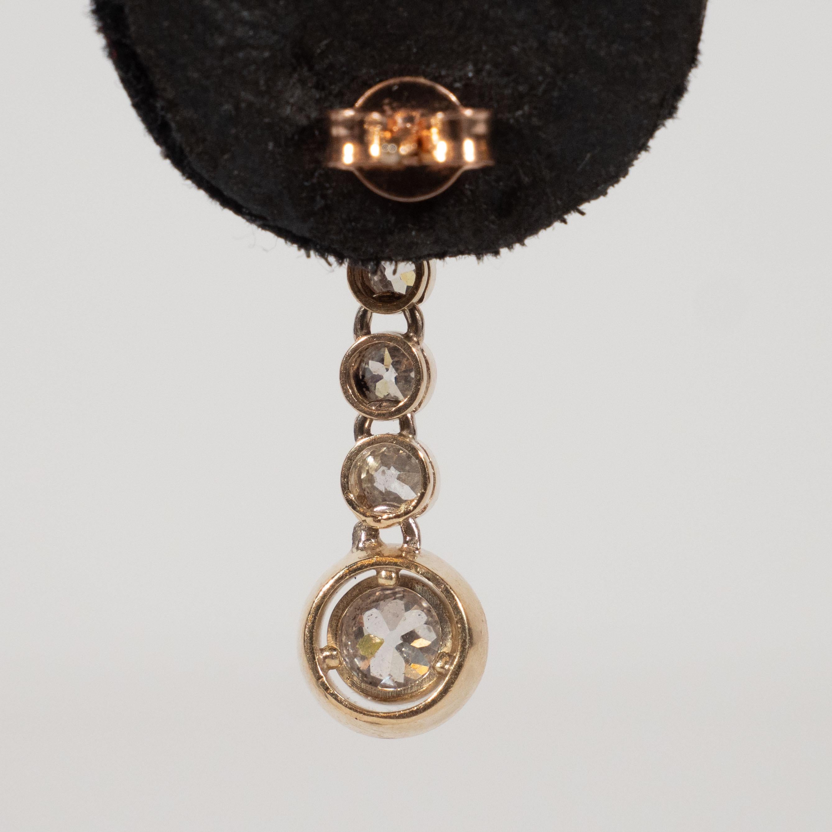 Women's Pair of Art Deco Mine Cut White Diamond and 14 Karat Gold Drop Earrings