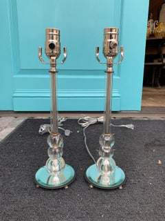 Pair of Art Deco Mirror and Crystal Glass Dressing Table Lamps, circa 1920s