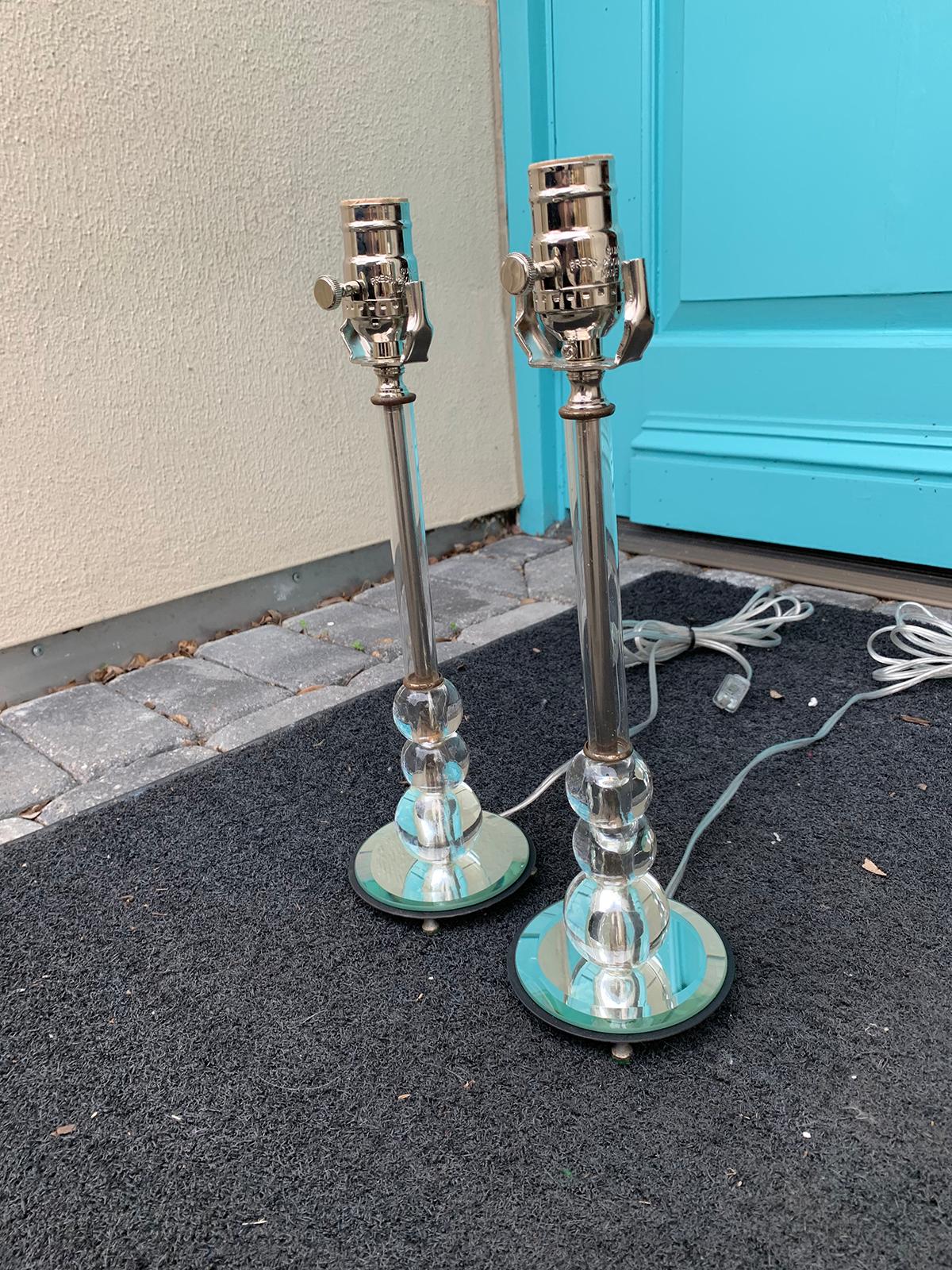 Early 20th Century Pair of Art Deco Mirror and Crystal Glass Dressing Table Lamps, circa 1920s