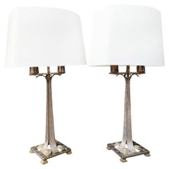 Vintage Pair of Art Deco Mixed-Metal Candelabra Table Lamps in the Style of Edgar Brandt