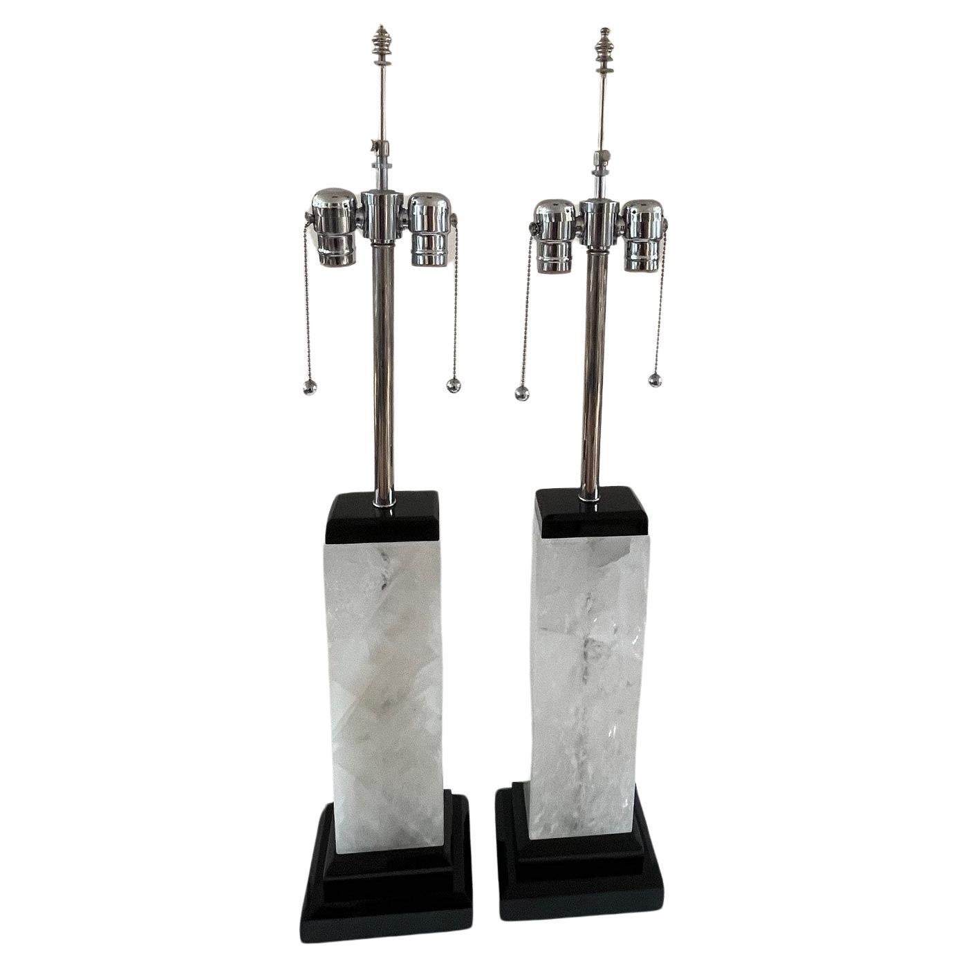 Pair of Art Deco Modern Alabaster Double Sockets Table Lamps For Sale