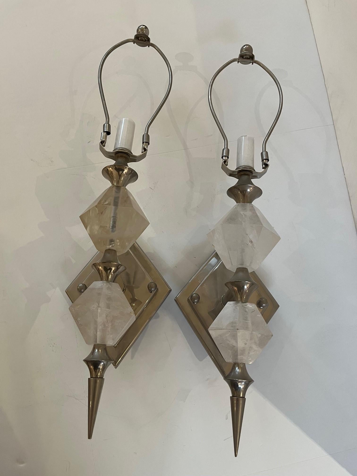 Pair of Art Deco Modern Rock Crystal Sconces For Sale 1