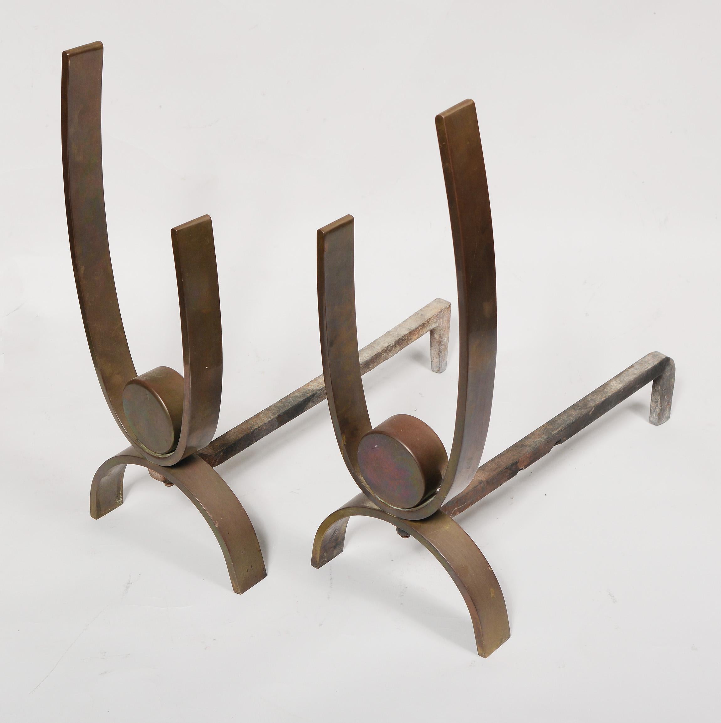Pair of Art Deco Modernist Brass Andirons In Good Condition In San Mateo, CA