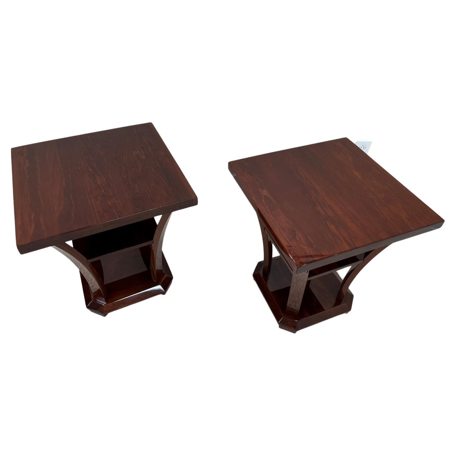 Stained Pair Of Art Deco Modernist Square Top Three Tier Side Tables, American C. 1930's For Sale