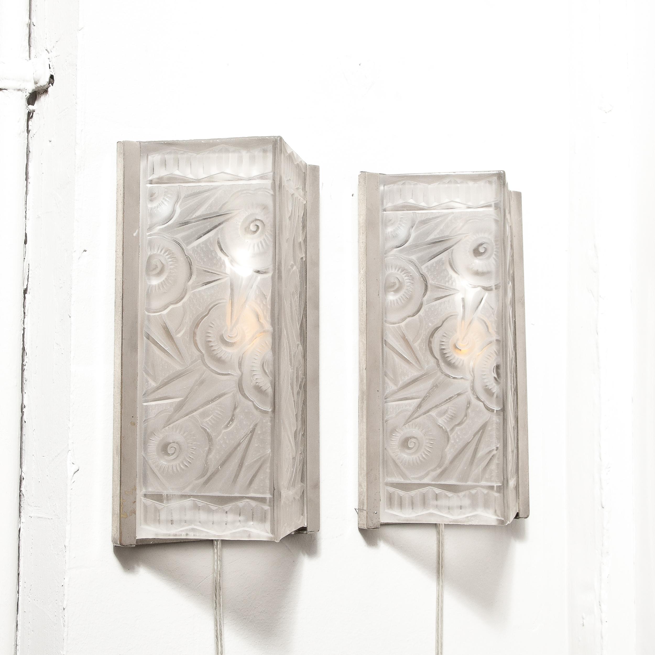 Pair of Art Deco Molded & Frosted Glass Sconces w/ Stylized Cubist Floral Motifs 5