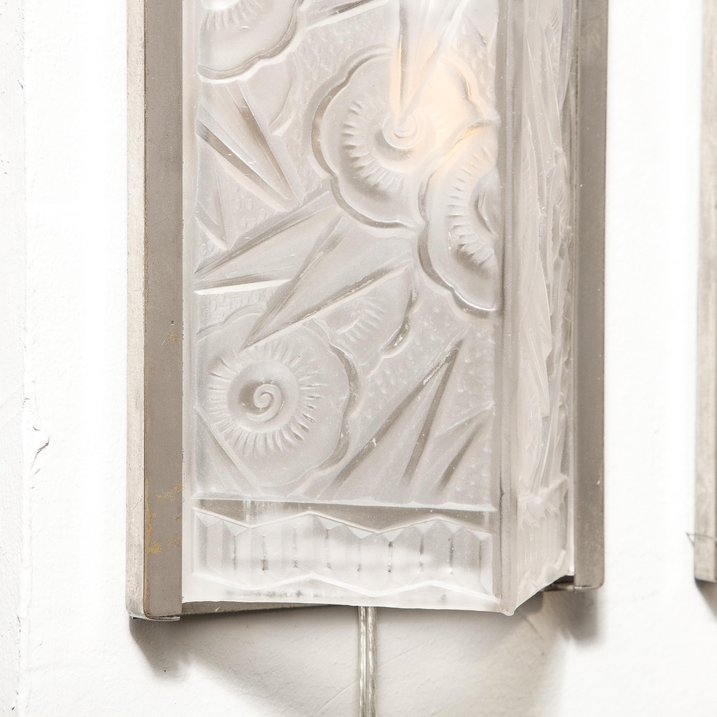 Pair of Art Deco Molded & Frosted Glass Sconces w/ Stylized Cubist Floral Motifs 6