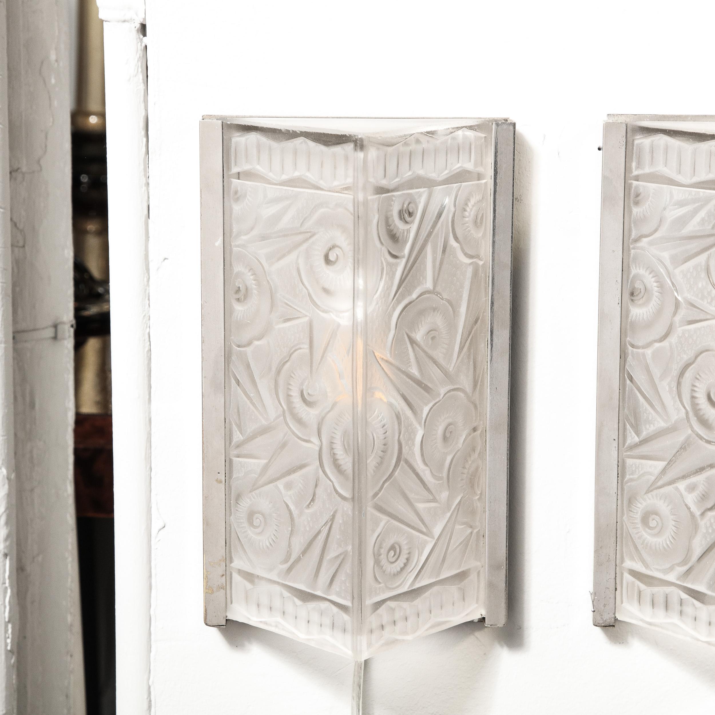 Pair of Art Deco Molded & Frosted Glass Sconces w/ Stylized Cubist Floral Motifs 7