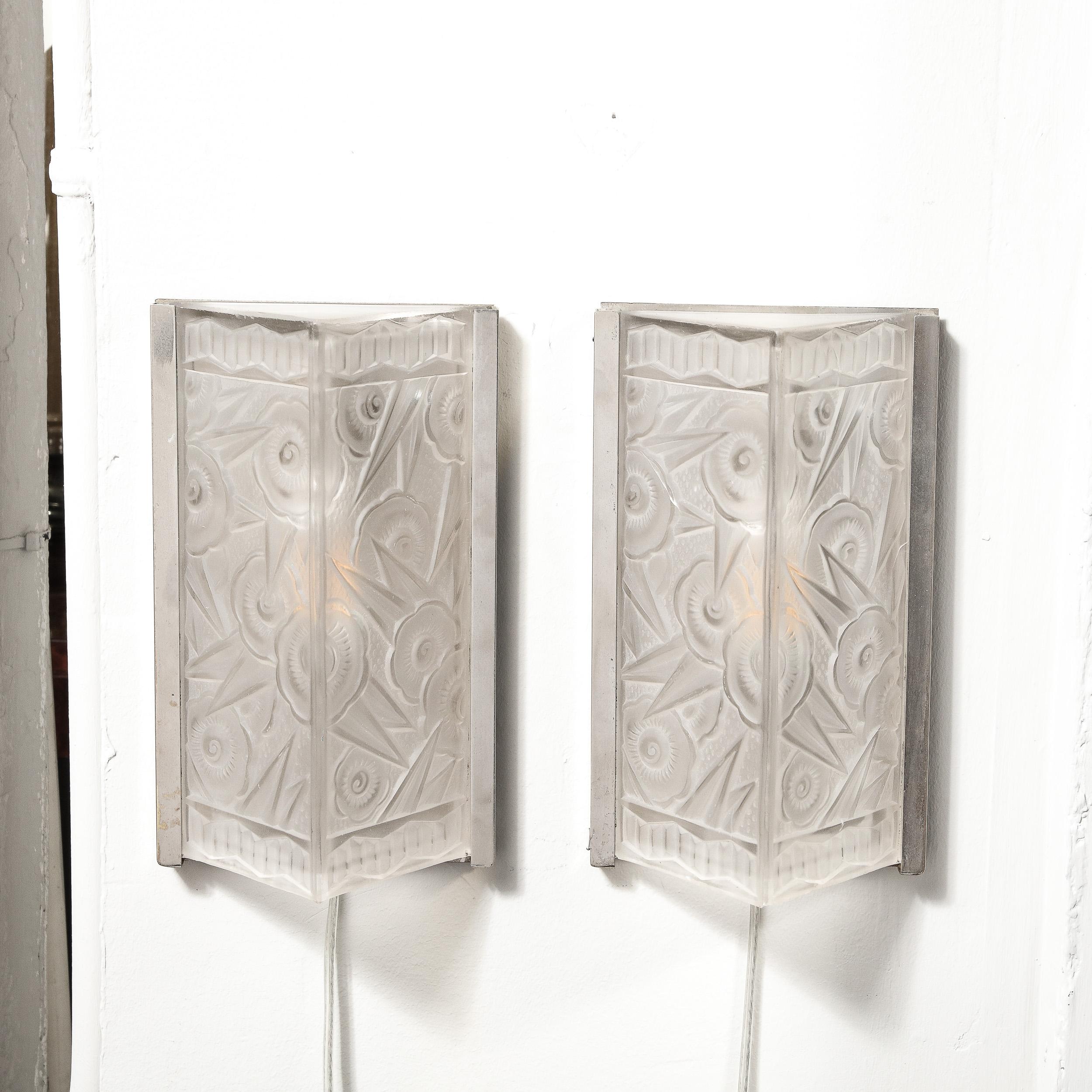 Pair of Art Deco Molded & Frosted Glass Sconces w/ Stylized Cubist Floral Motifs 8