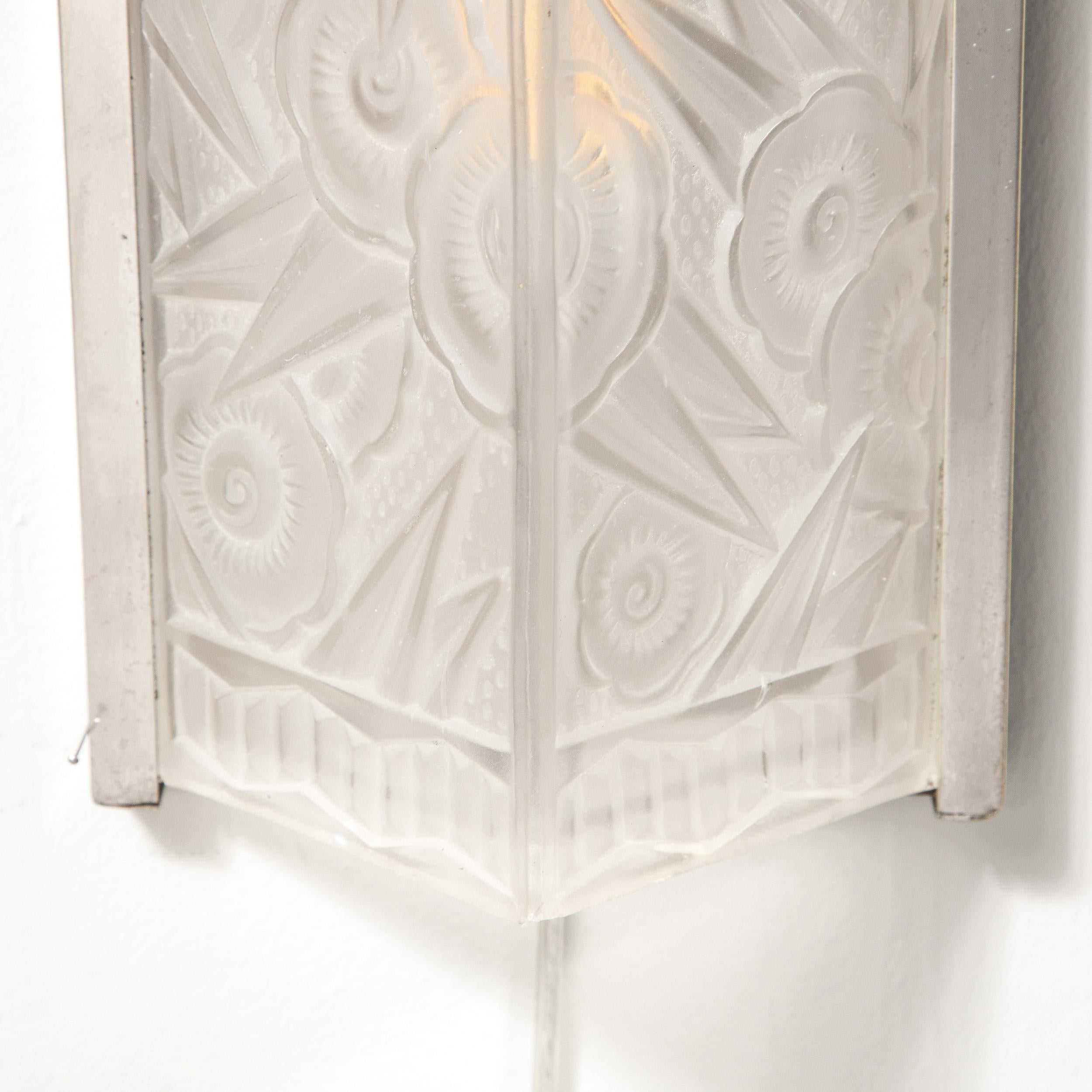 Pair of Art Deco Molded & Frosted Glass Sconces w/ Stylized Cubist Floral Motifs 9