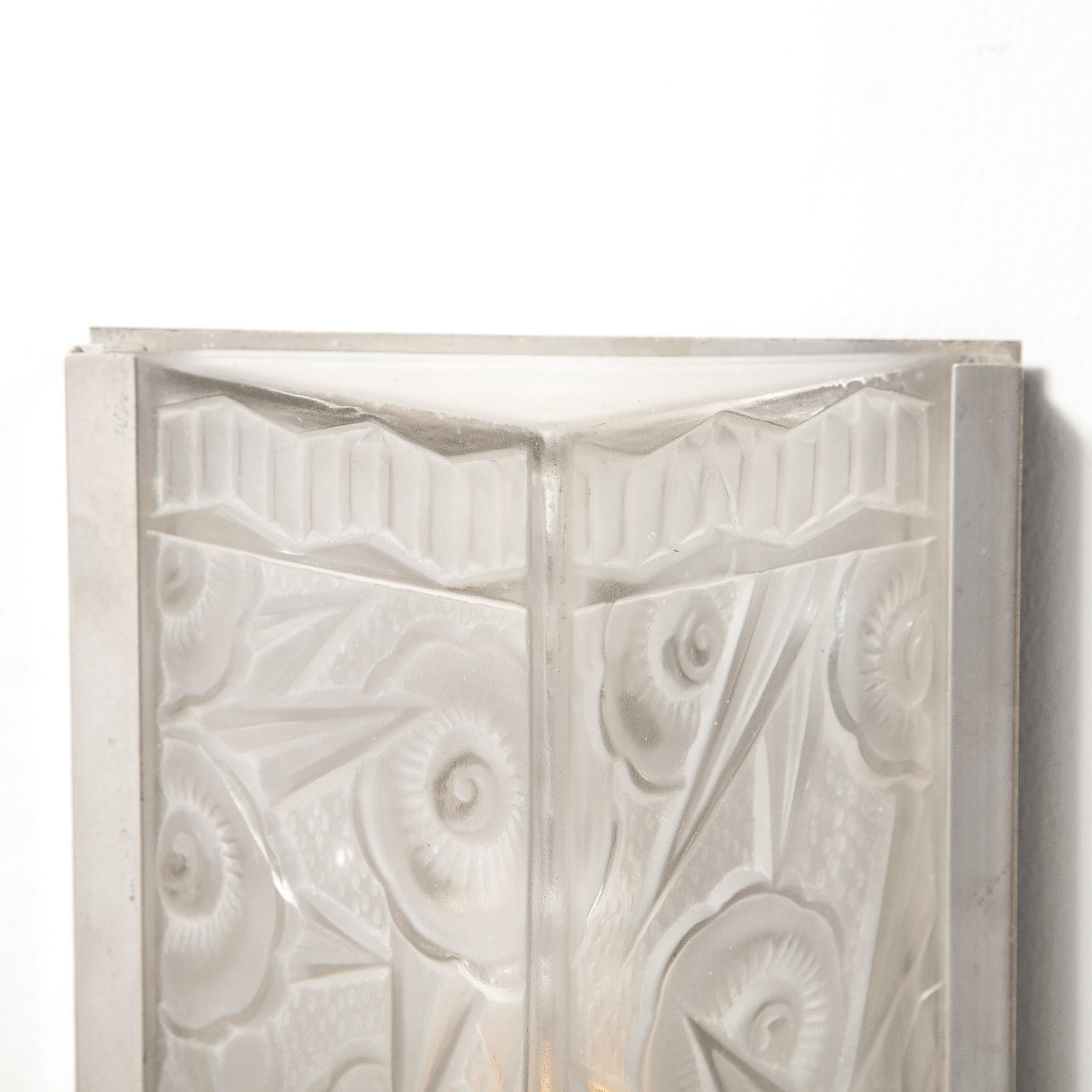 Pair of Art Deco Molded & Frosted Glass Sconces w/ Stylized Cubist Floral Motifs 10