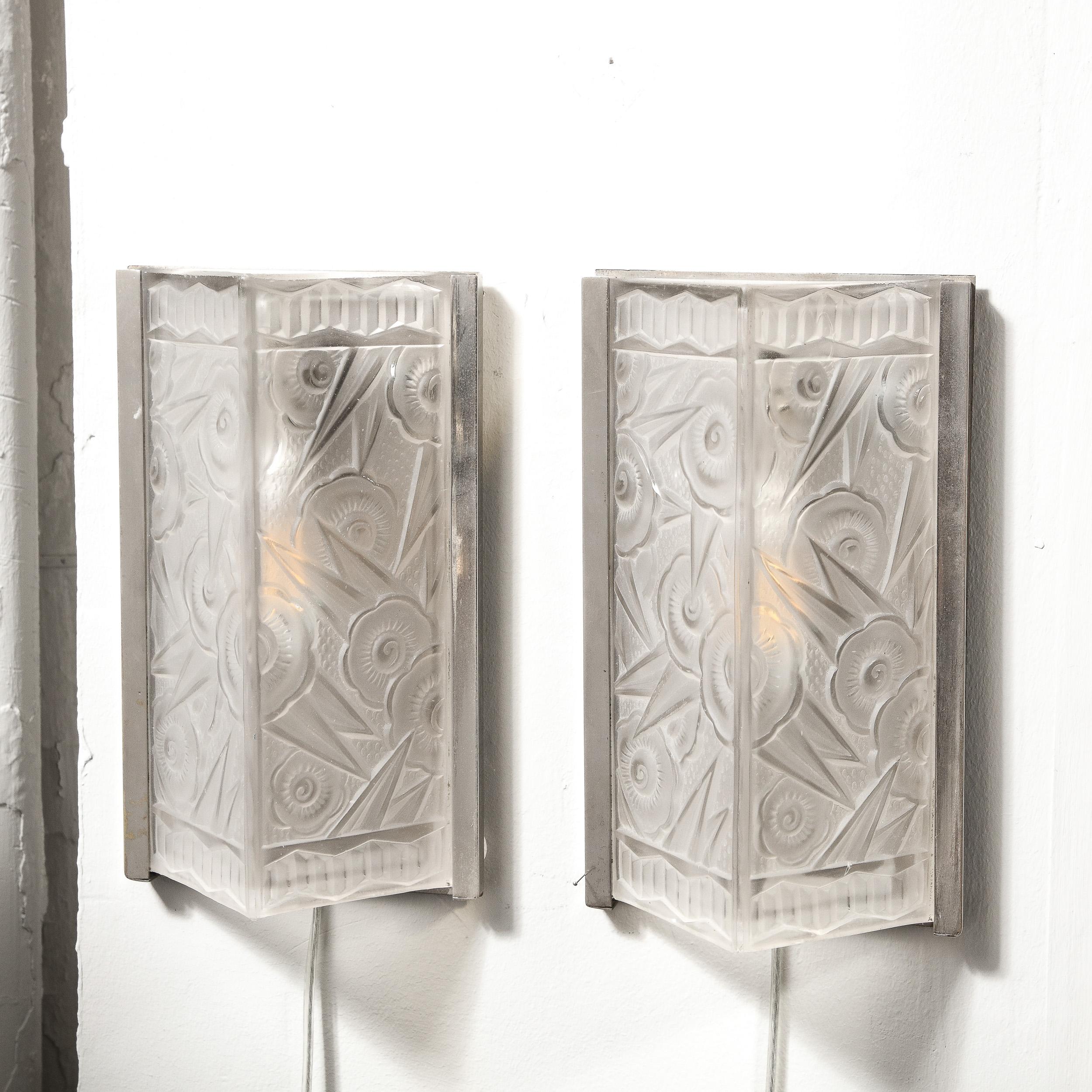 Pair of Art Deco Molded & Frosted Glass Sconces w/ Stylized Cubist Floral Motifs 11