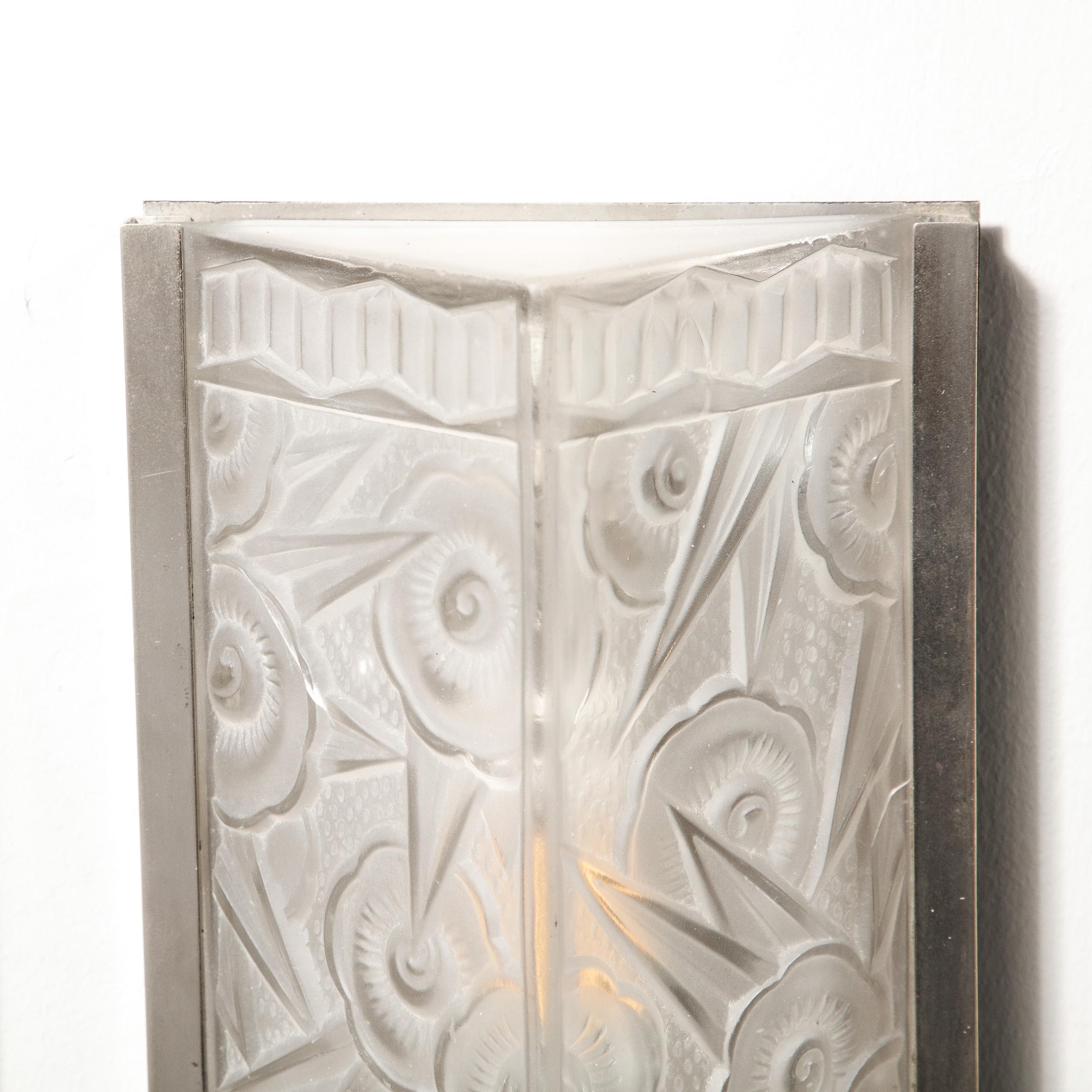 Pair of Art Deco Molded & Frosted Glass Sconces w/ Stylized Cubist Floral Motifs 12