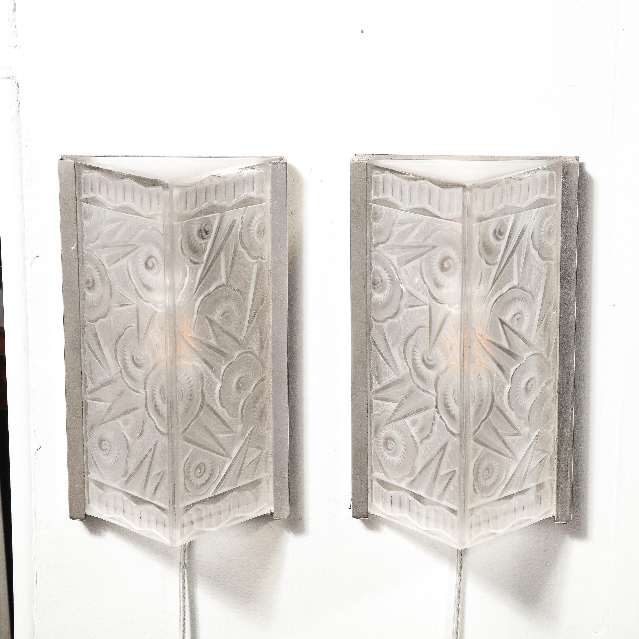 Pair of Art Deco Molded & Frosted Glass Sconces w/ Stylized Cubist Floral Motifs 13