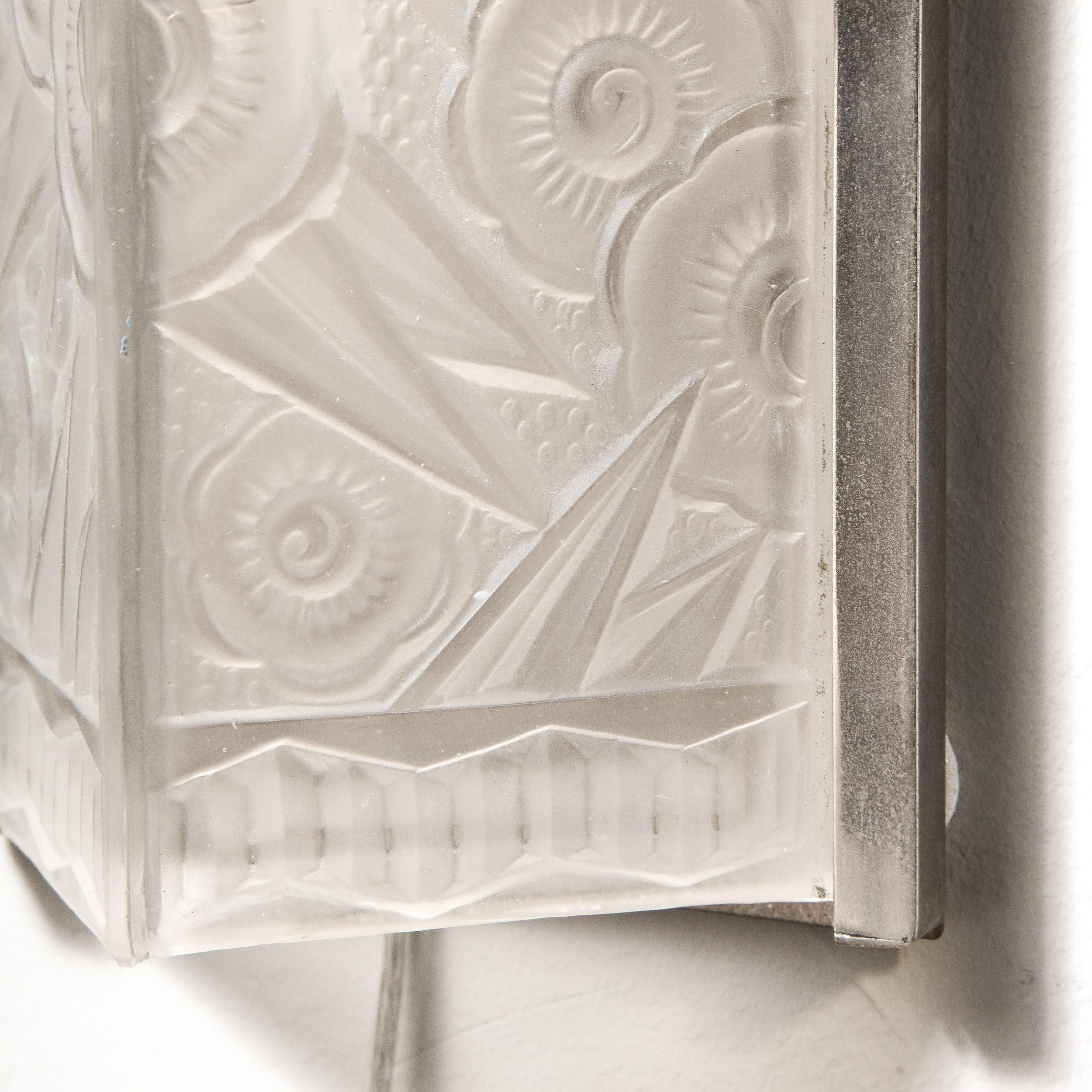Pair of Art Deco Molded & Frosted Glass Sconces w/ Stylized Cubist Floral Motifs 14